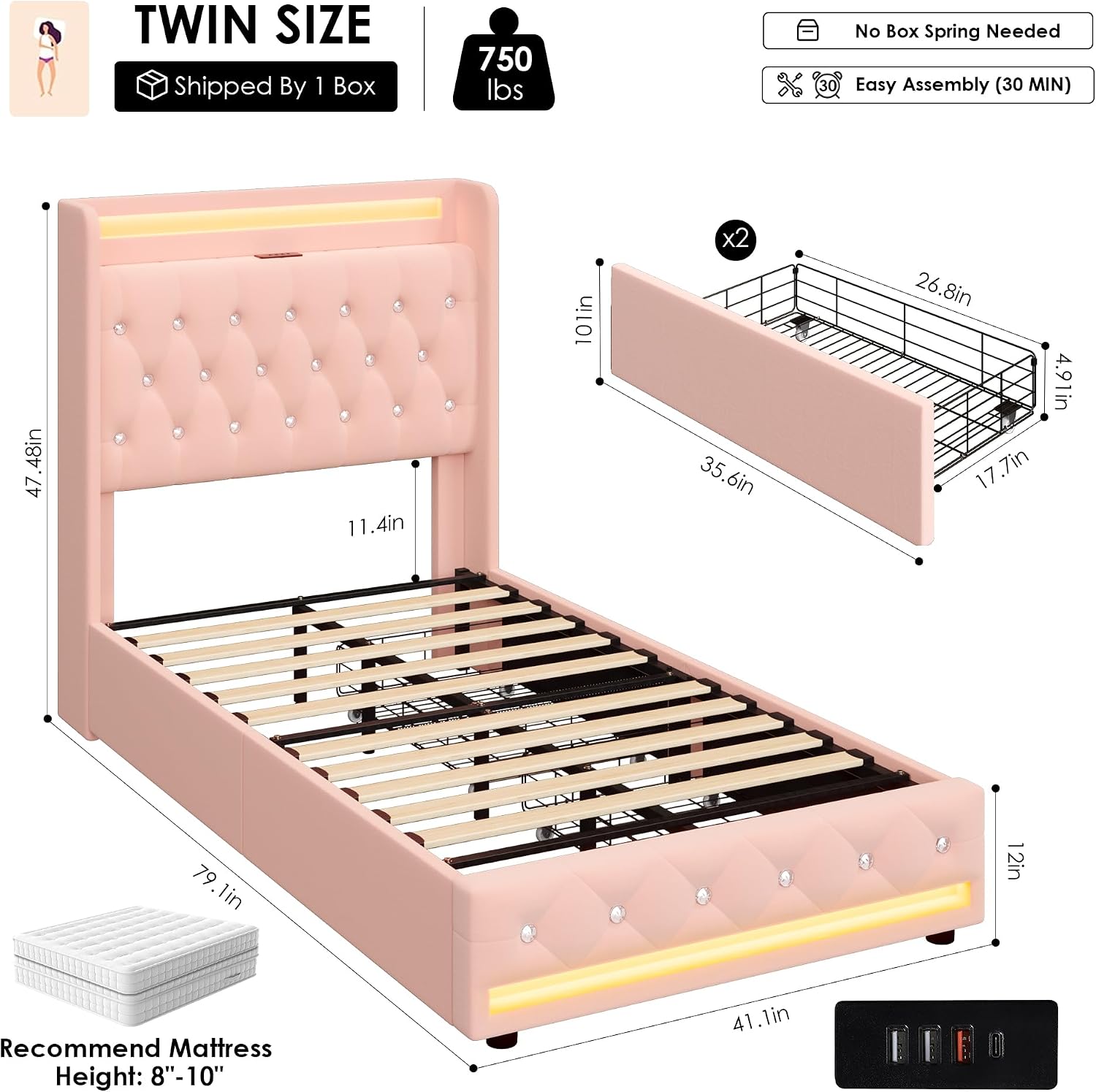 HIFIT Upholstered Twin LED Bed Frame with Charging Station Headboard & 2 Storage Drawers, Velvet Crystal Button-Tufted Princess Twin Size Platform Bed Frames for Kids/Girls, No Box Spring Needed, Pink