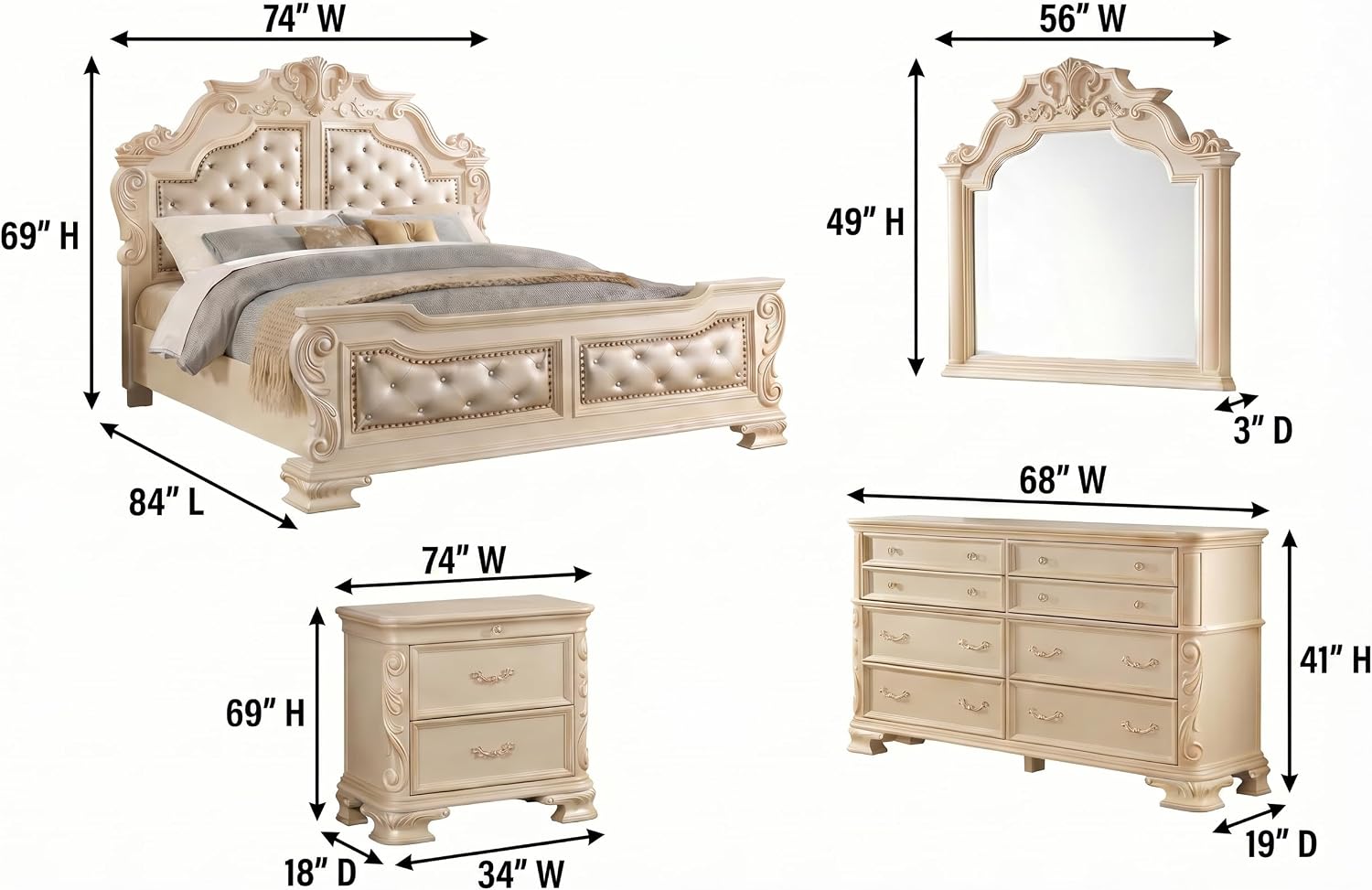 First of a Kind Victoria Off White Traditional 4 Piece Queen Bedroom Set with Upholstered Tufted Headboard Elegant European Inspired Design Coordinated Furniture Collection