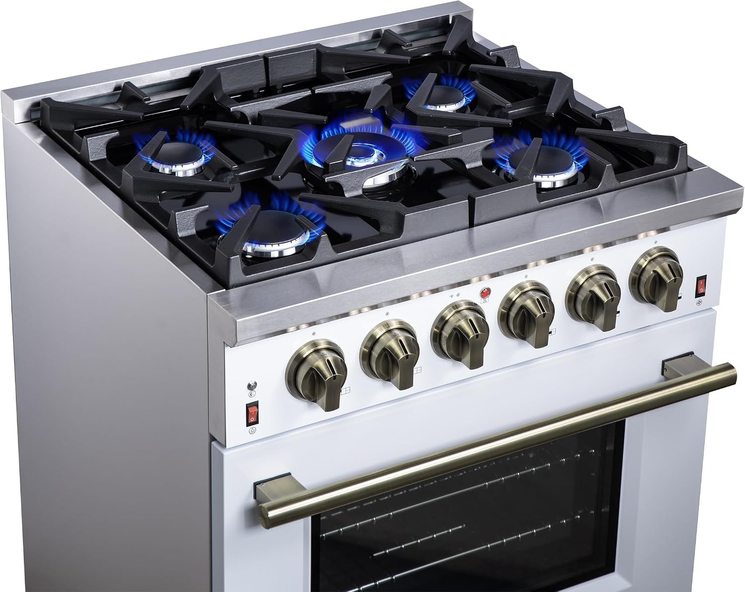 FORNO Massimo 30' Freestanding Gas Range with Antique Brass Accents & 5 Sealed Burners, 4.32 cu.ft Convection Oven with Air Fryer Kit, Wok Support, Reversible Griddle & Telescopic Racks – White