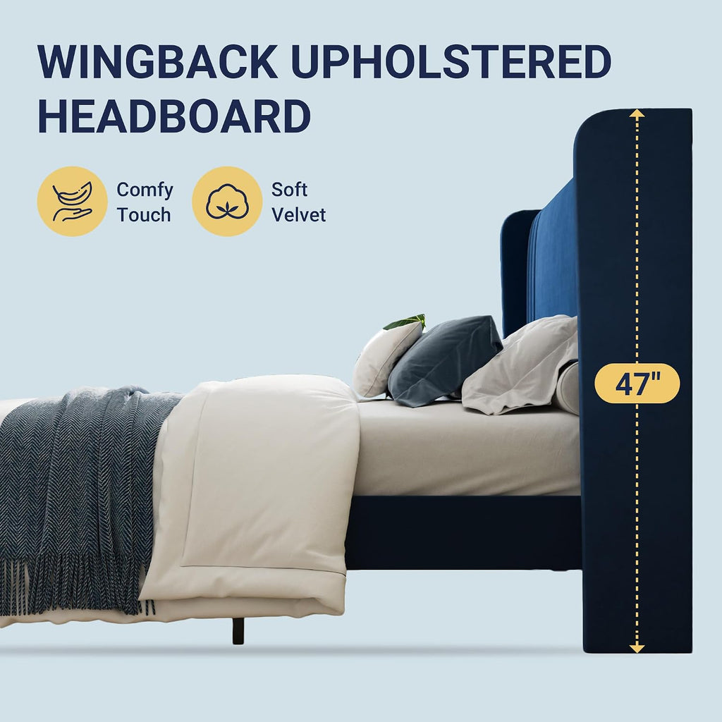 Allewie Full Size Velvet Platform Bed Frame with Vertical Tufted Wingback Headboard, Easy Assembly, Under Bed Storage, No Box Spring Required, Modern Style, Blue