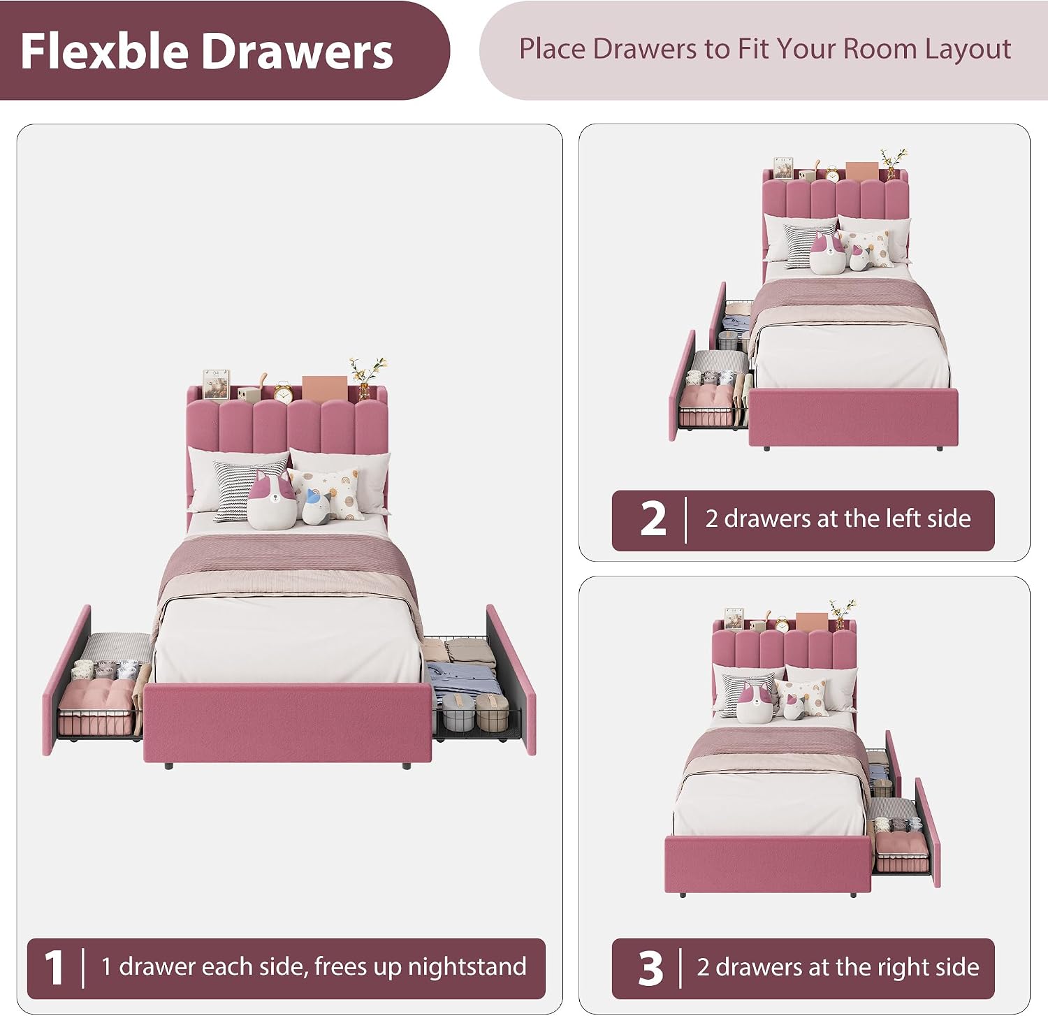 Garvee LED Twin Size Bed Frame with Storage Headboard, Kids Bed Frame with 2 Drawers, Boucle Upholstered Platform Bed for Girls, Chic Wavy Headboard with Bookcase, No Box Spring Needed, Dark Pink