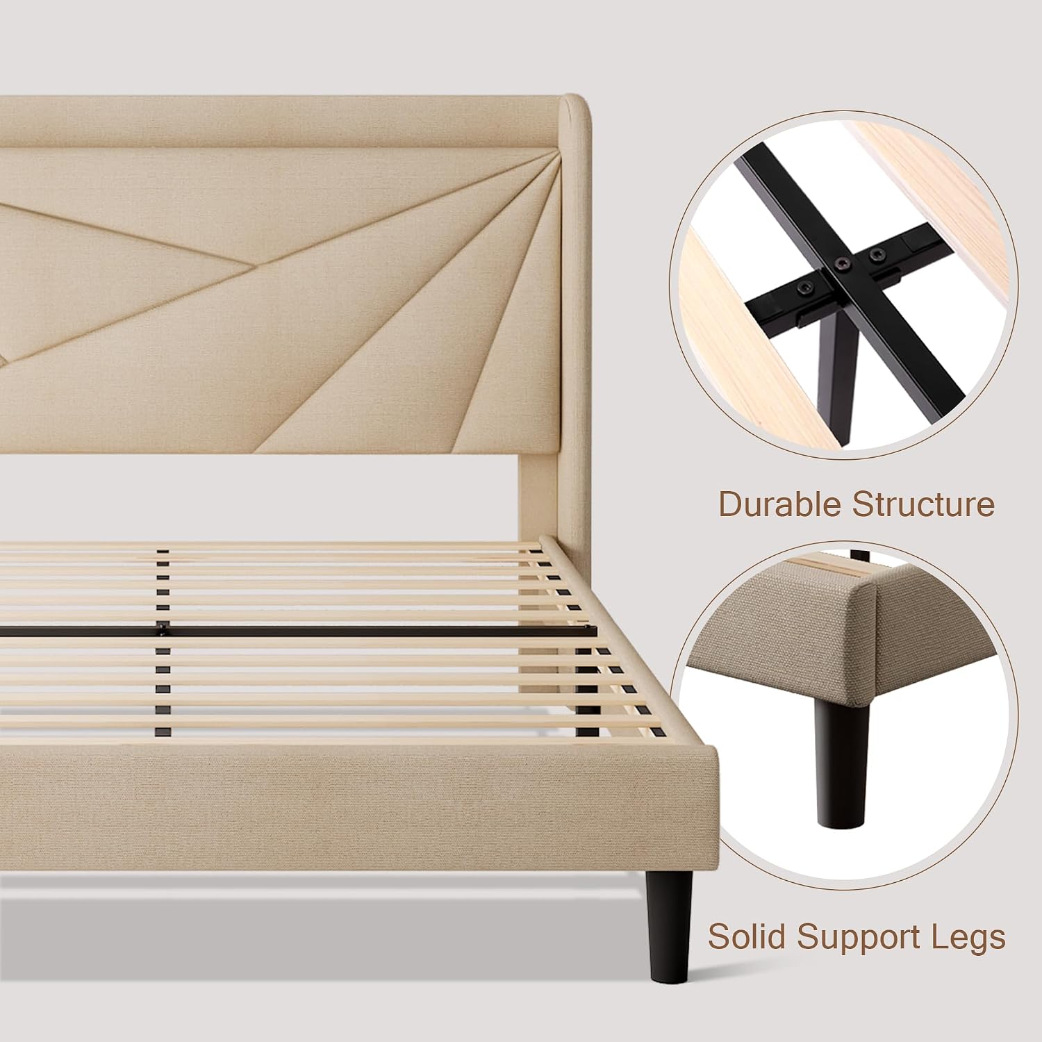 Einhomn Full Size Upholstered Bed Frame with Charging Station, Platform Bed Frame with Storage Headboard, Solid Wood Slats Support, No Box Spring Needed, Beige