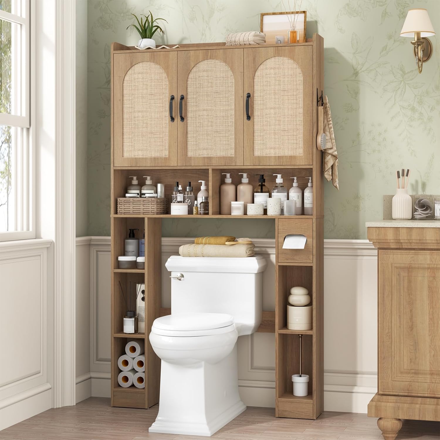 Vabches Over The Toilet Storage Cabinet,Farmhouse Over Toilet Bathroom Organizer with 3 Barn Doors & Toilet Paper Holder Stand,Home Space-Saving Toilet Rack with Shelves，for Bathroom,Restroom,Laundry