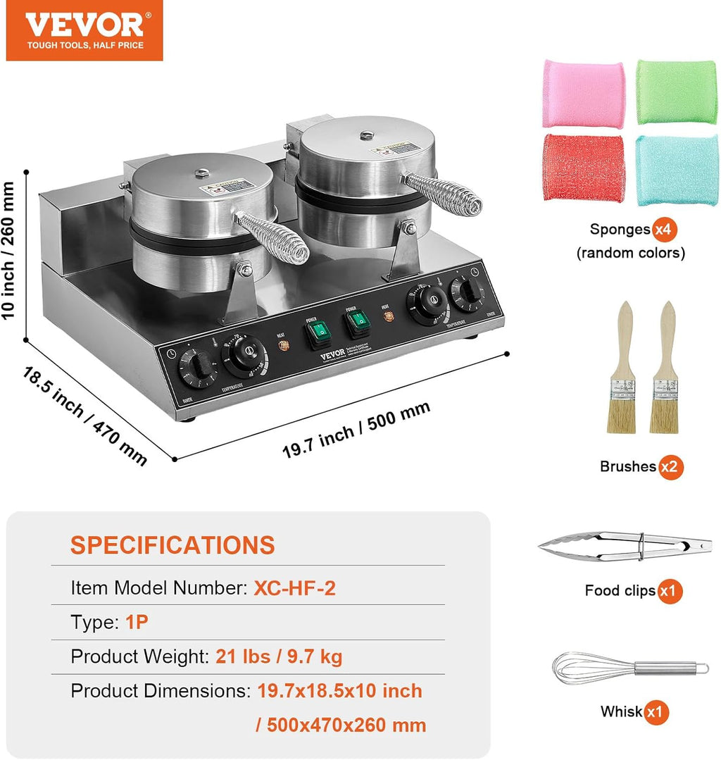 VEVOR Commercial Waffle Maker, Dual-Head Round Waffle Baker Machine, 2460W Non-Stick Stainless Steel Belgian Waffle Iron with Temp and Time Control, Handle, for Restaurant Bakery Snack Bar Family