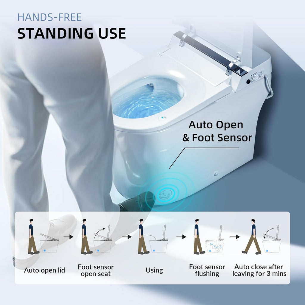 WOODBRIDGE B0990S One Piece Elongated Smart Toilet Bidet with Auto Open & Close, Auto Flush, Foot Sensor Flush, LED Temperature Display, Heated Seat and Integrated Multi Function Remote Control, White