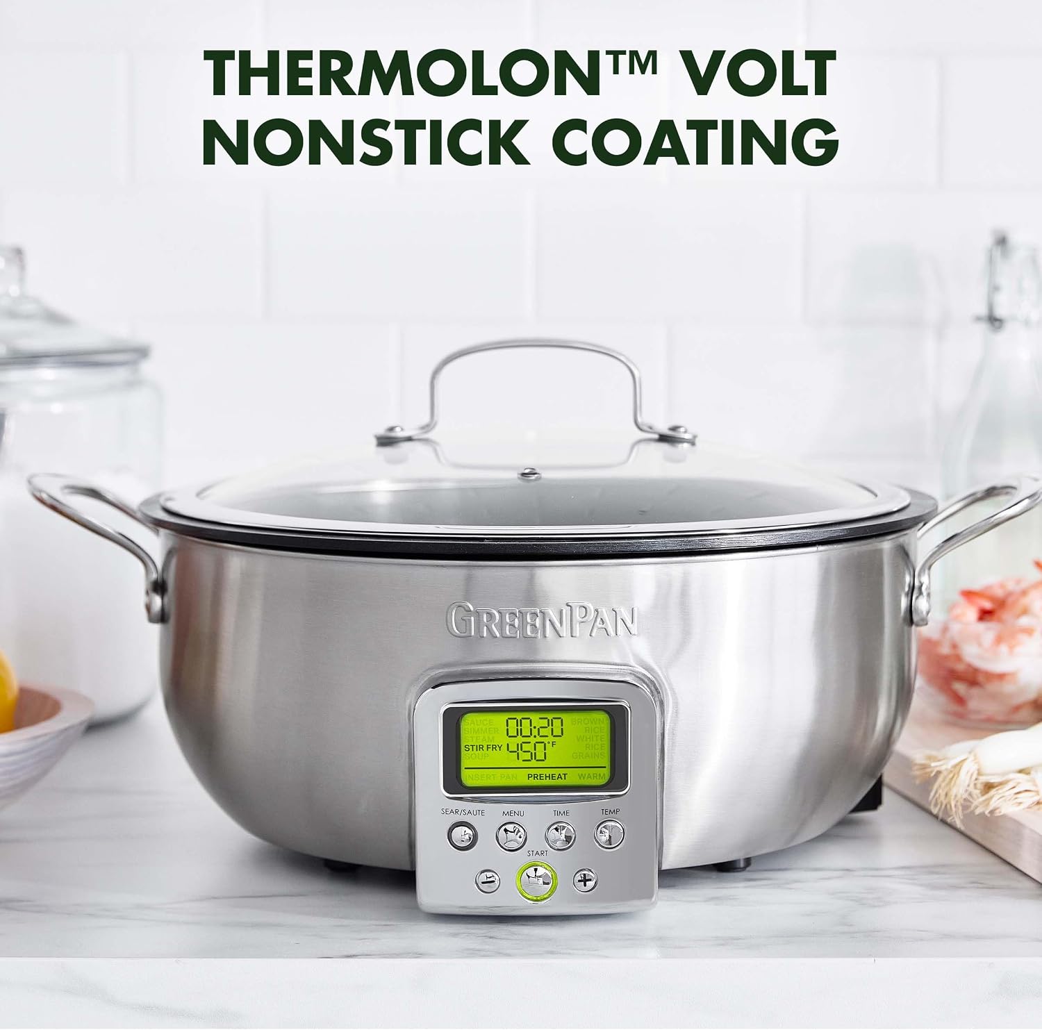 GreenPan Elite 6QT Electric Skillet, Sear Saute Stir-Fry Cook Rice, Healthy Ceramic Nonstick, Dishwasher Safe Parts, Easy-to-use LED Display, PFOA and PFA Free, Smart Pot, Stainless Steel
