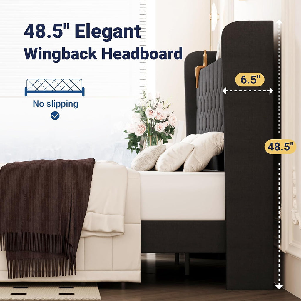 Allewie King Size Bed Frame, Storage Headboard with Charging Station,Wingback Linen Upholstered, Diamond Stitched Button Tufted, Sturdy Wooden Slats, No Box Spring Needed, Easy Assembly, Dark Gray