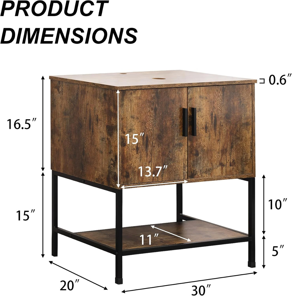 UEV 42' Rustic Brown Bathroom Vanity with Sink Combo,Industrial Iron Frame Bathroom Cabinet Sets with 3 Drawers Side Cabinet,Modern Brown Boat Tempered Glass Vessel Sink(029BR)