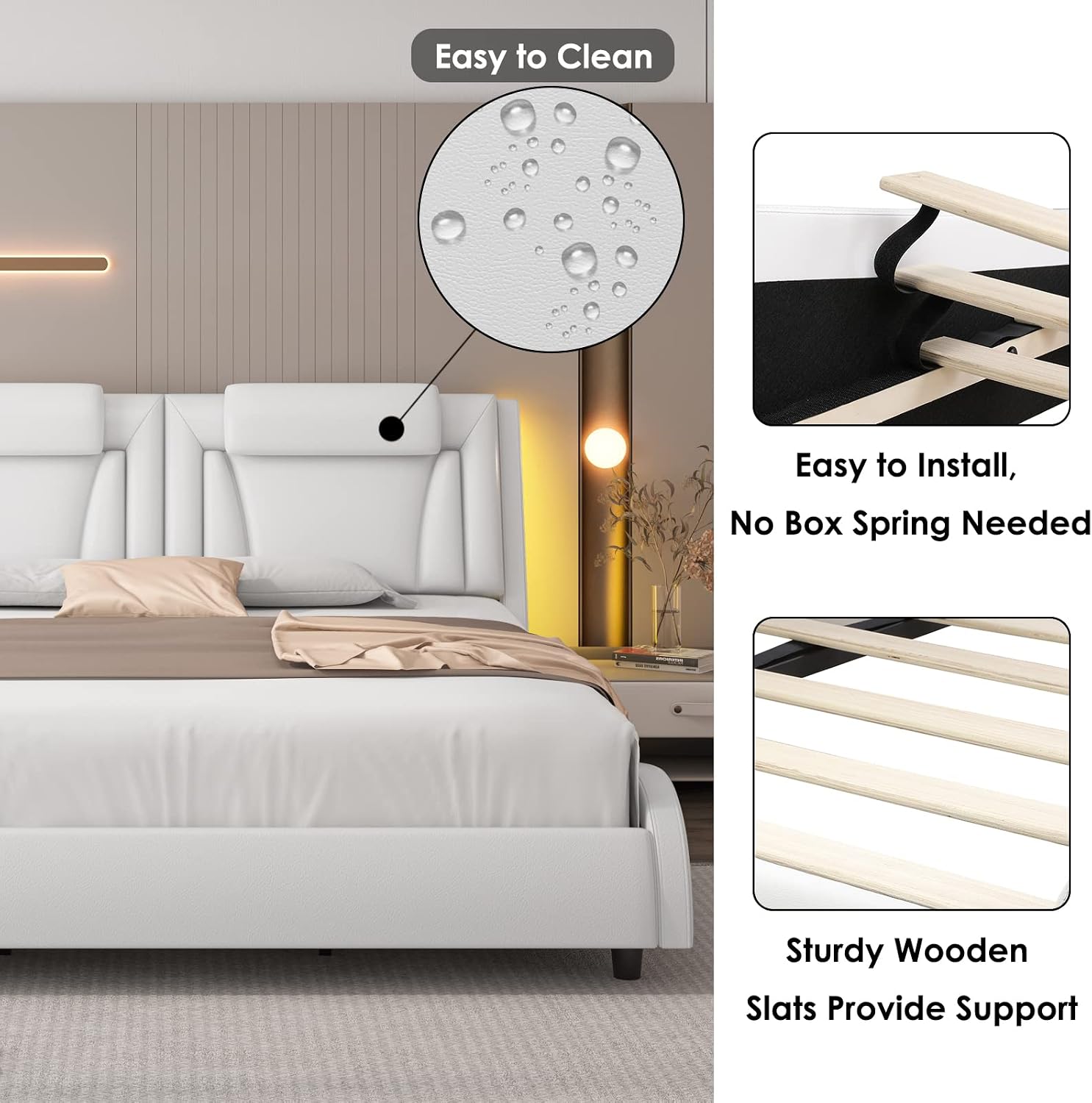 Keyluv Queen Size LED Bed Frame with Adjustable Headboard & Removable Pillow, PU Leather Upholstered Platform Bed, Wave-Like Curve Safety Design, Solid Wooden Slats Support, Easy Assembly, White