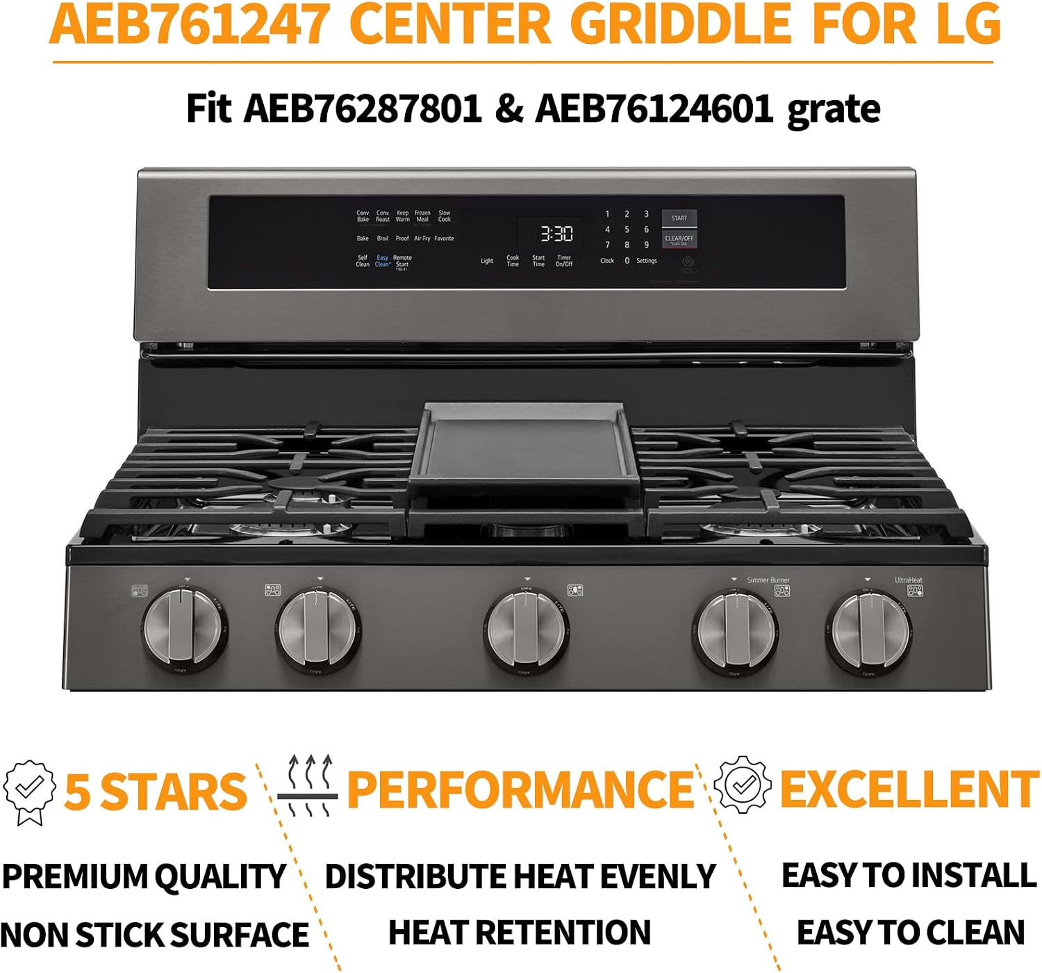 Atgestore AEB76124701 Center Griddle Replacement for LG stove Parts AAA30016801 Cast Iron Griddle Plate LG Gas Range Parts LSGL5833F LRGL5823S Gas Stove Cooktop Burner Griddle Assembly Flat Top Pan