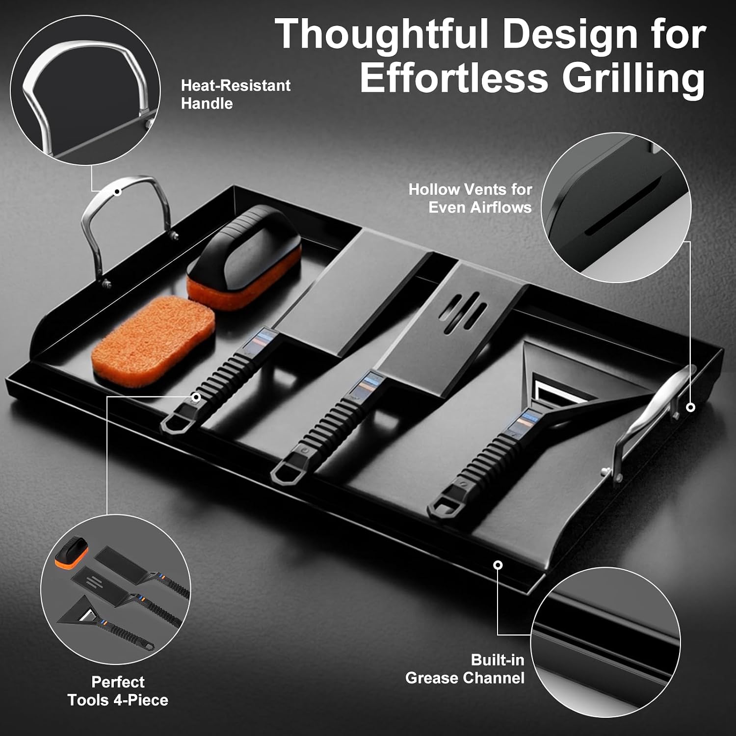 Cast Iron Griddle for Gas Grill with 5-Piece Silicone Griddle Tool Kit 25' x 16' Nano-Ceramic Nonstick Grill Griddle for Gas Charcoal Grills Flat Top Grill Accessories with Stainless Steel Core Tools