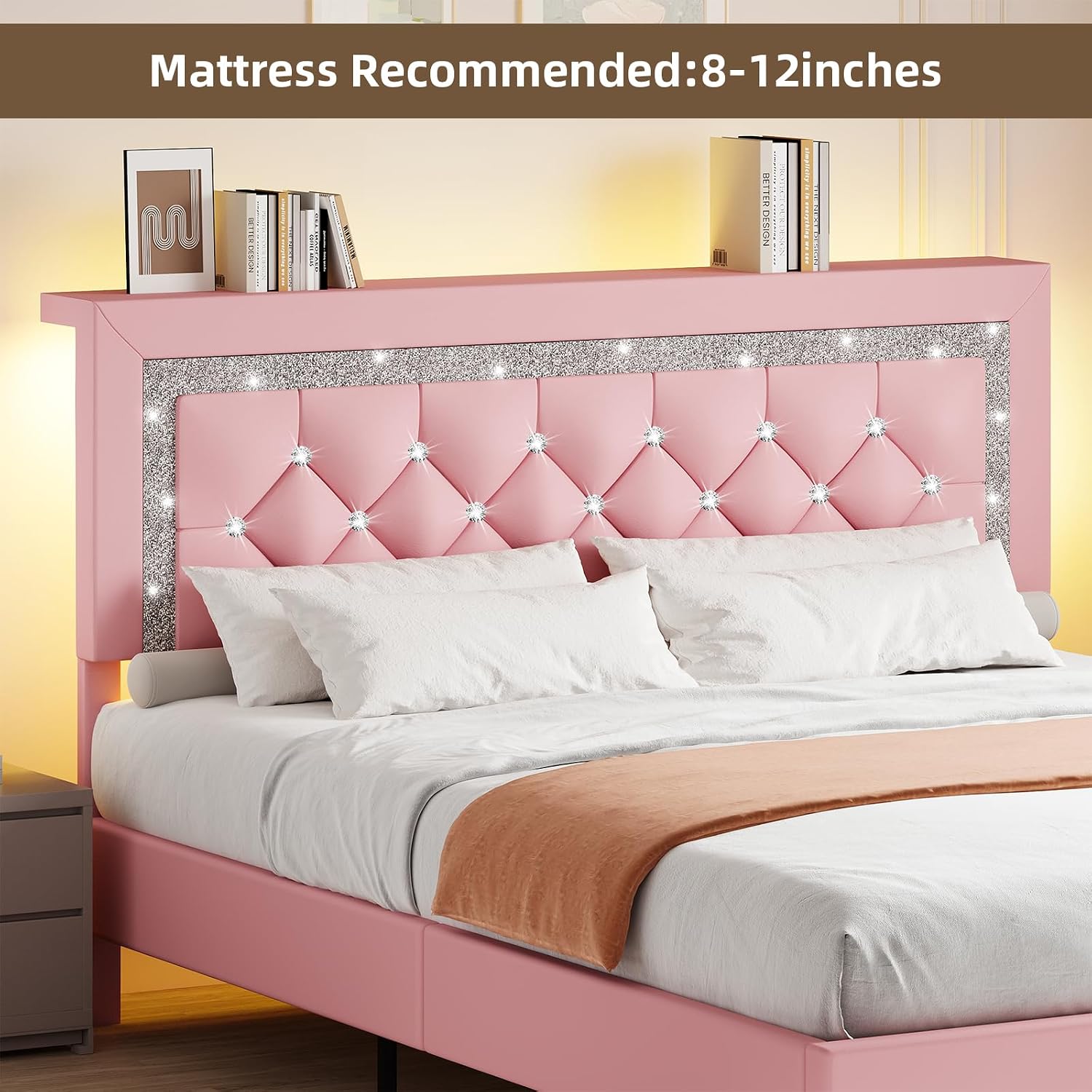 Twin Bed Frame with Storage Headboard, Upholstered Platform Bed Frame with Diamond Tufted Headboard and LED Lights, Wooden Slats Support, Noise Free, No Box Spring Needed, Easy Assembly, Pink
