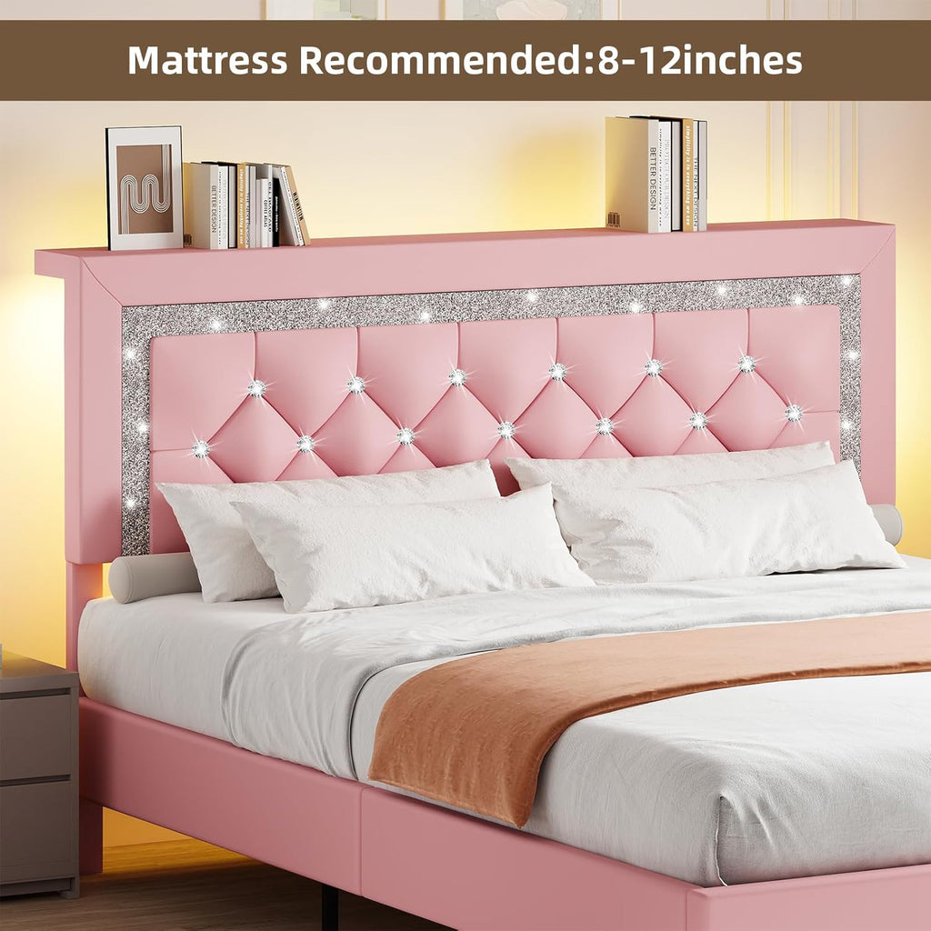 BarnFurin Queen Bed Frame with Storage Headboard, Bed Frame Queen Size with Diamond Tufted Headboard and LED Lights, Wooden Slats Support, Noise Free, No Box Spring Needed, Easy Assembly, Pink