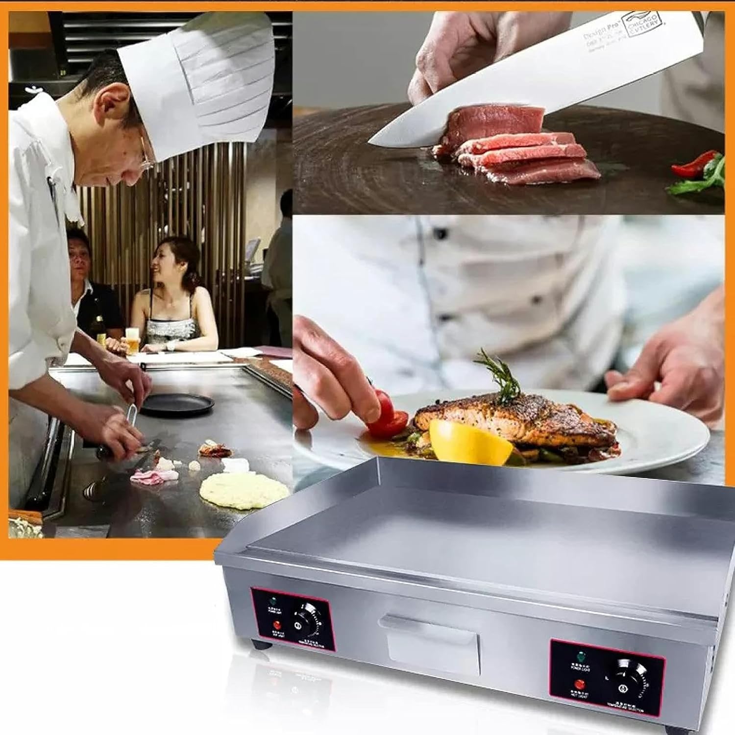 4400W Commercial Flat Top Electric Griddle/Stainless Steel Countertop Bakeware/Non-Stick Teppanyaki Griddle with Dual Temperature Control Button