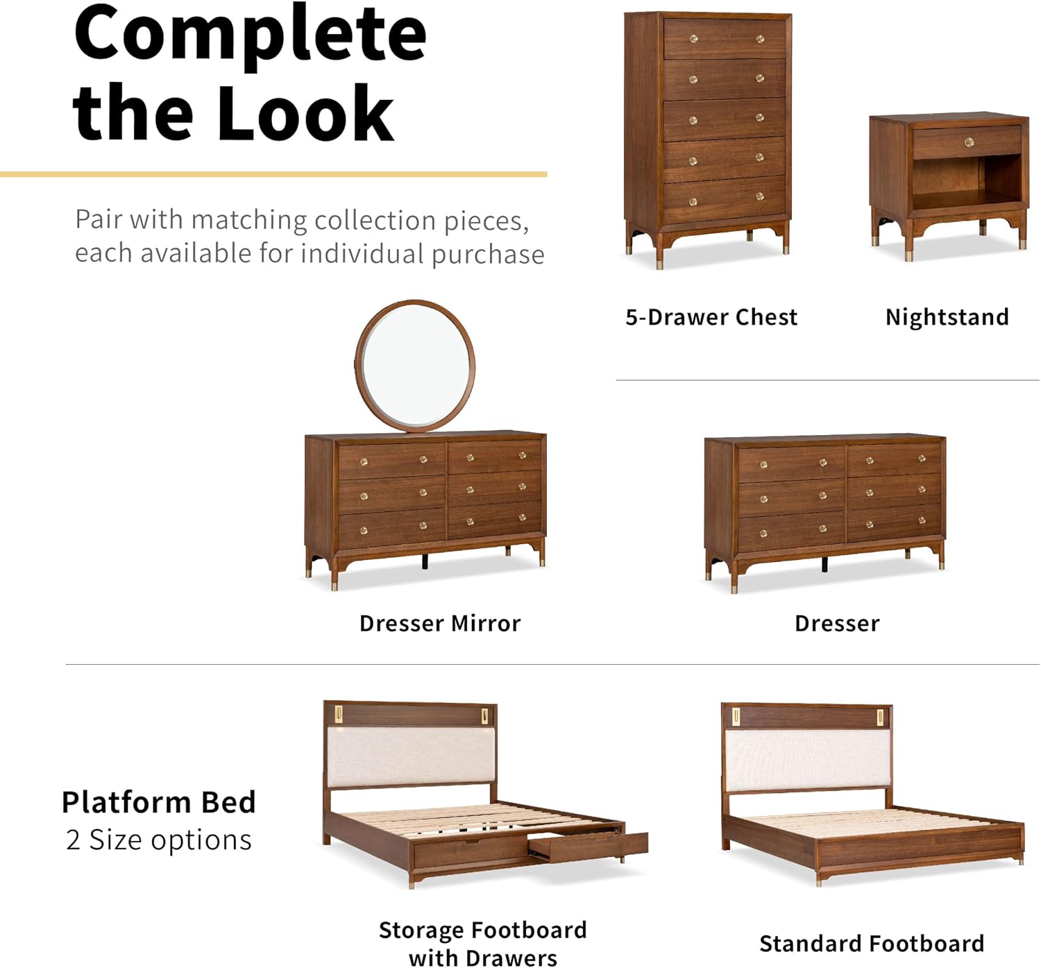 Furniture of America Forma Modern Solid Wood 4-Piece Bedroom Set with Upholstered Bed with LED Lights, Ball-Bearing Glide on Nightstand and Dresser with Mirror, No Box Spring Needed, King, Walnut