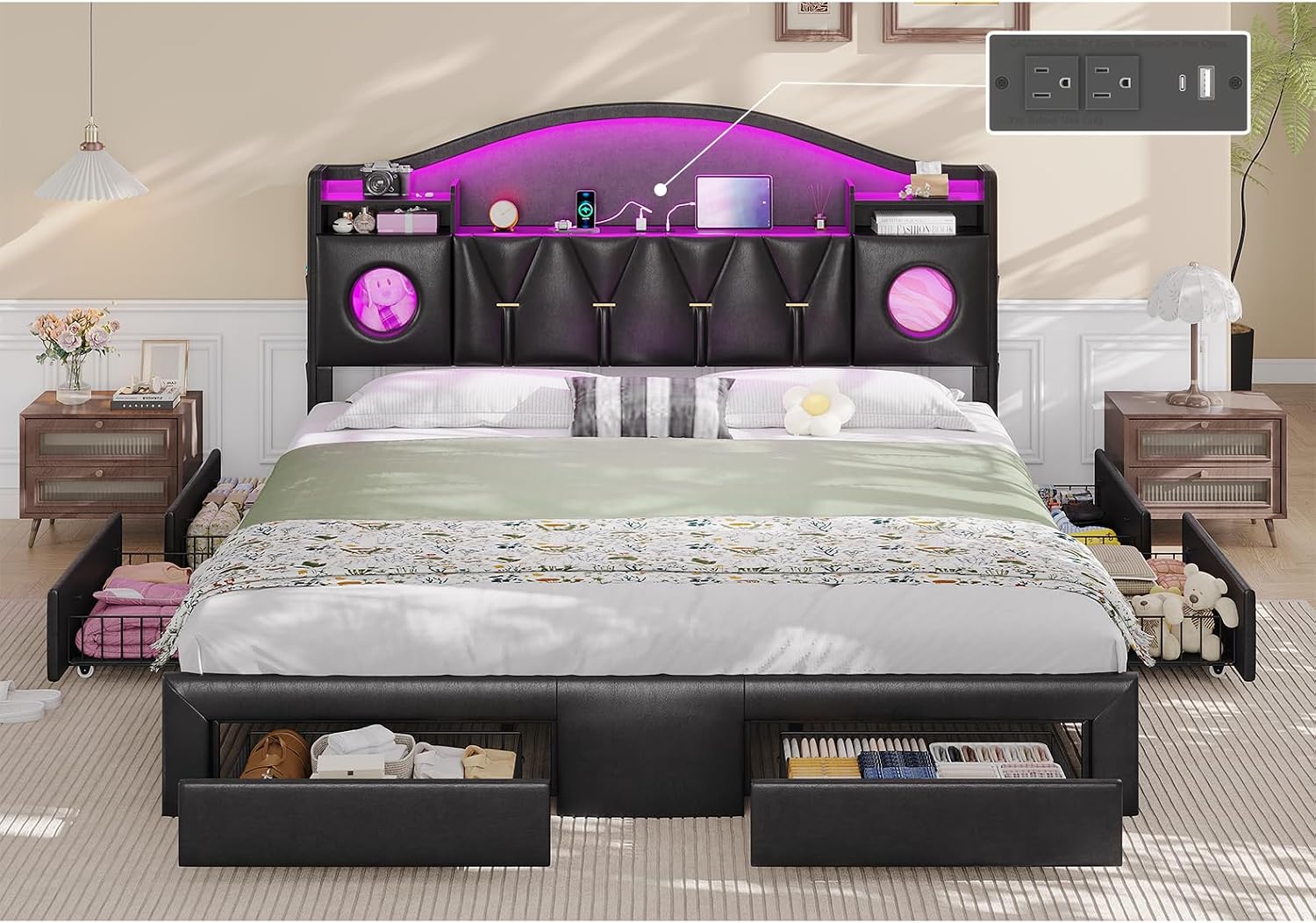 busyaeh California King Bed Frames,Cal King Bed Frame,California King Bed Frame with 6 Storage Drawers & LED Lights & Charging Station and Leather Upholstered headboard,No Box Spring Needed, PU Black