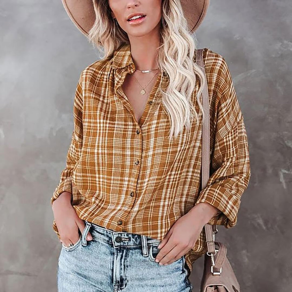 FMCHICO Womens Button Down Flannel Shirts Long Sleeve Plaid Shackets Business Casual Blouse Top