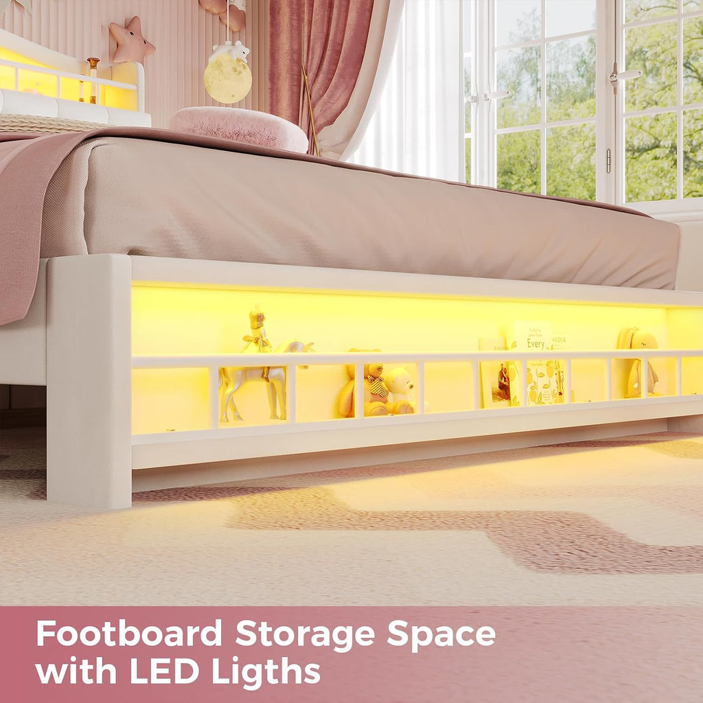 BTHFST Full Size Upholstered Girl Bed with LED Lights & Charging Station, Princess Platform Bed with Hidden Storage Headboard, No Box Spring Needed/Easy Assembly, Beige