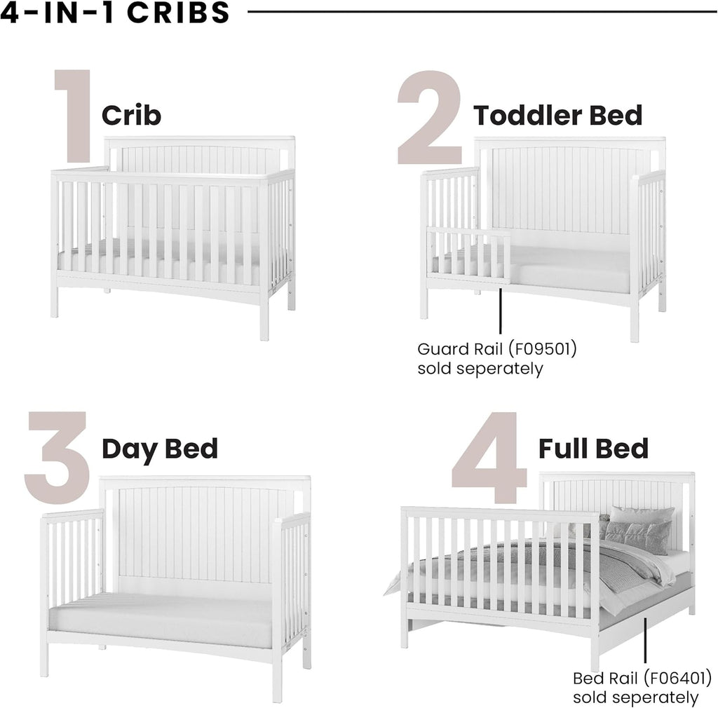 Child Craft Scout 4-in-1 Convertible Baby Crib Nursery Furniture Set - Baby Bed, Dresser with Changing Table Topper, Glider Chair, and Toy Box for Babies, Toddlers and Kids (4 Piece - Matte White)