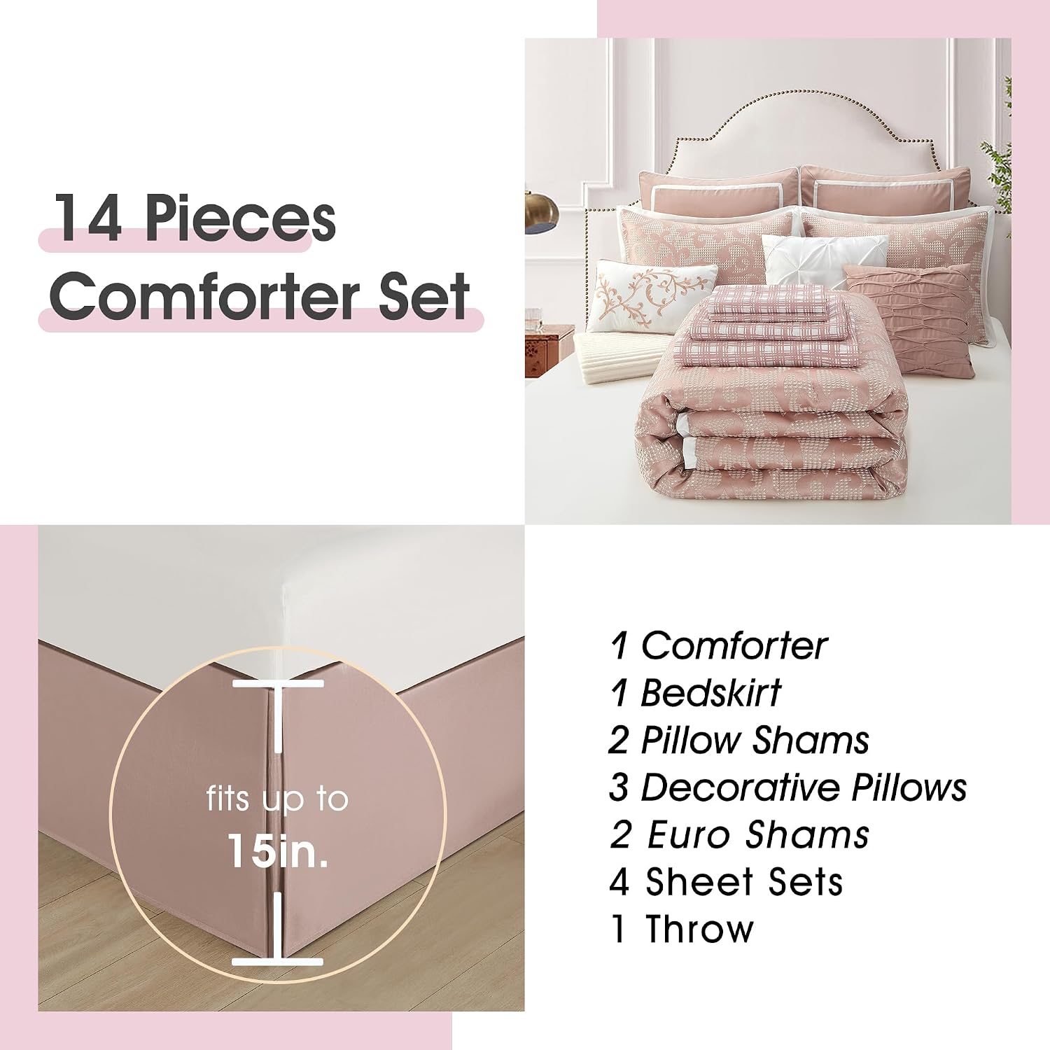 LANCO MODERN LIFESTYLE Blush Queen Comforter Set, Classic Jacquard Floral 14 Pieces Bedding Set, Ultra Soft for All Seasons, Sheets, Bedskirt, Throw, Matching Shams and Decor Pillows
