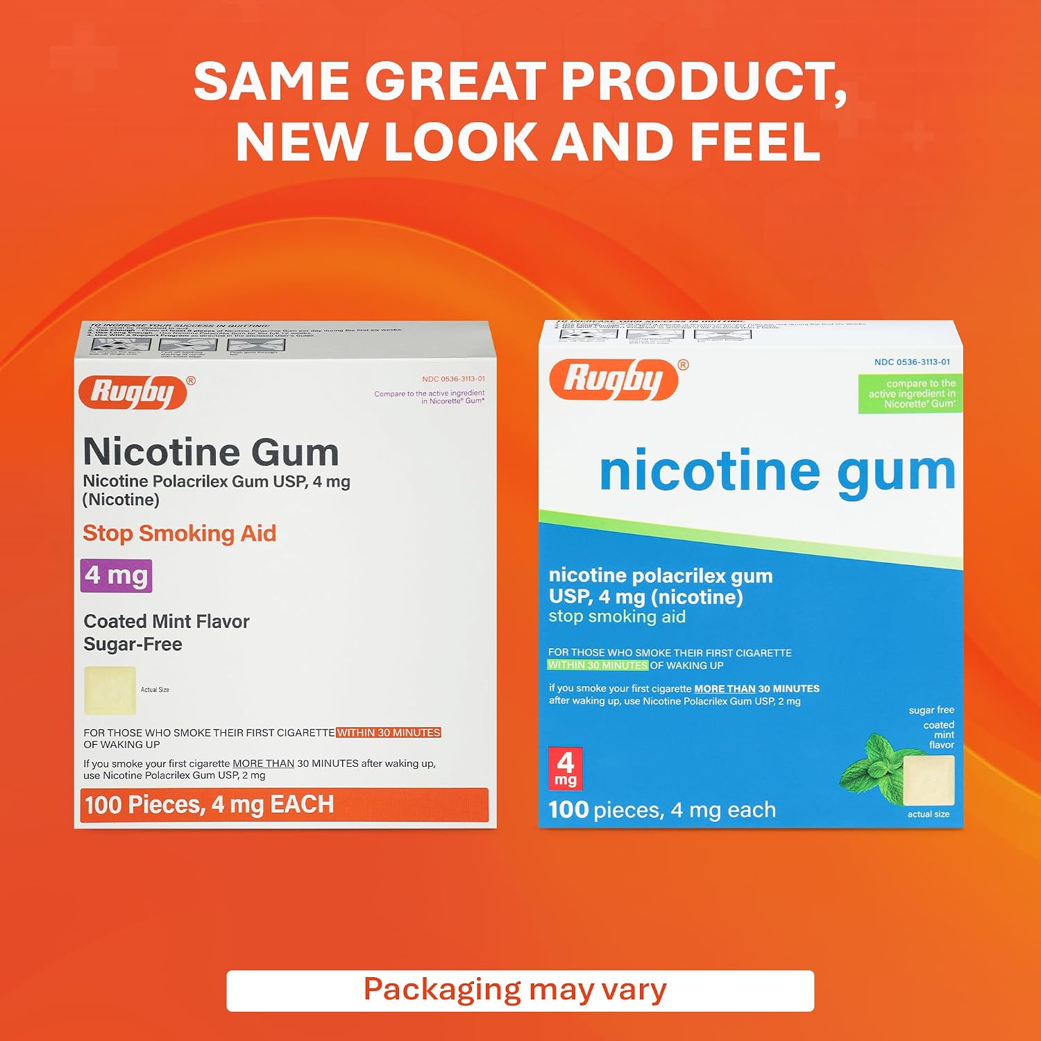Rugby Polacrilex 4mg Nicotine Gum - Mint Flavor, Quit Smoking and Vaping Aid, Sugar-Free, 100 Count (4-Pack)