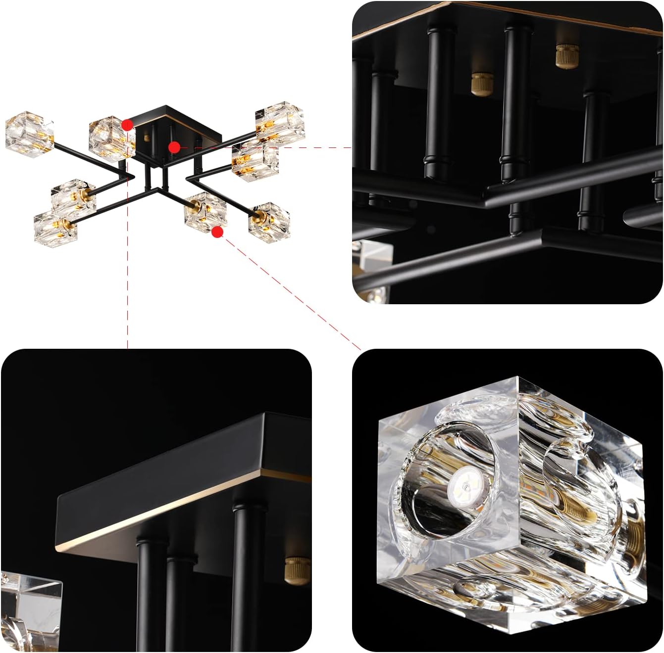 8-Lights Semi Flush Mount Ceiling Light Fixture,Black and Gold Modern Crystal Chandeliers,Farmhouse Lighting Fixtures for Dining Room Living Room Kitchen Bedroom Entryway