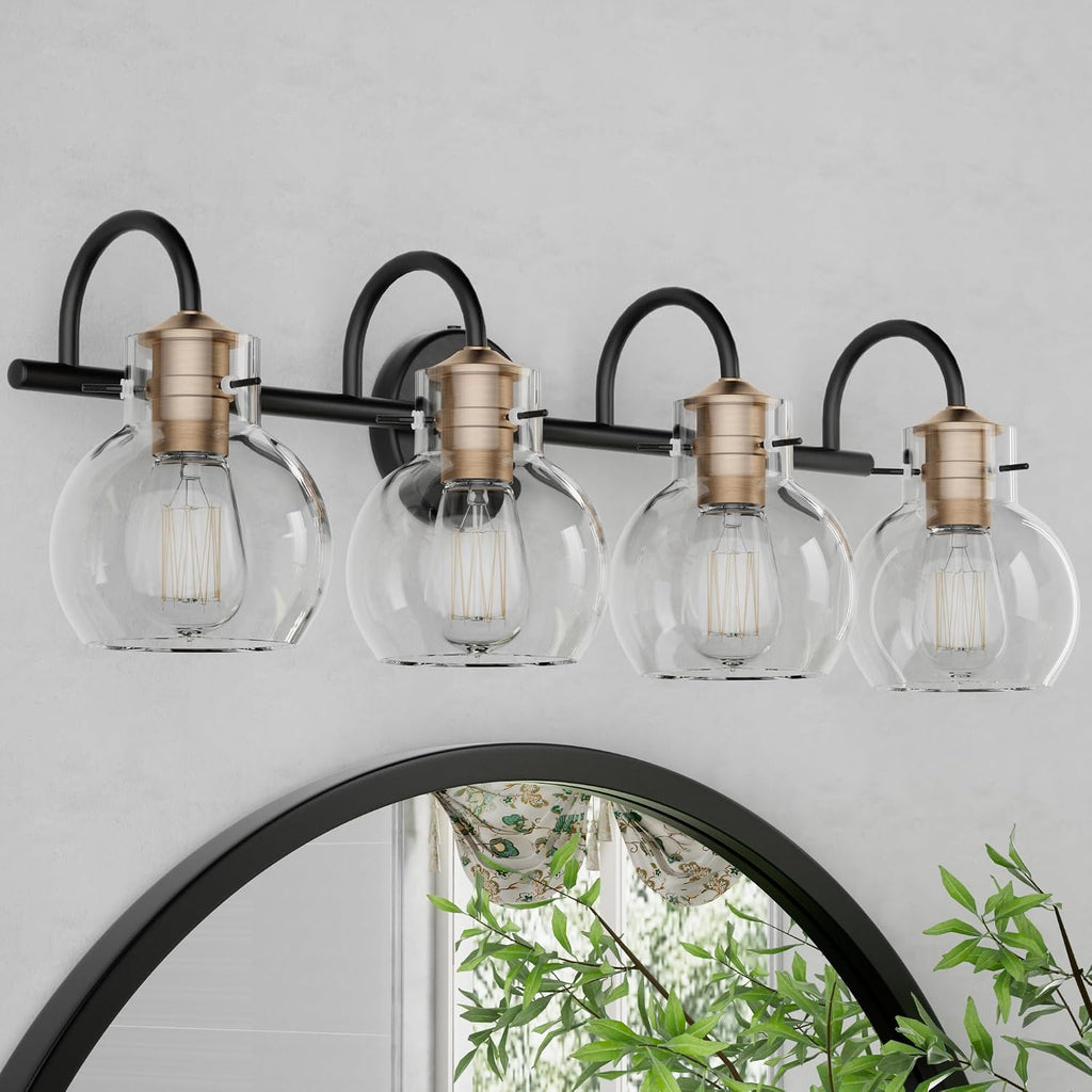 4 Light Bathroom Light, Black and Red Copper Bathroom Vanity Fixtures Over Mirror, Modern Copper Vanity Light with Clear Glass Shade, Black Wall Sconce for Bathroom, Bedroom
