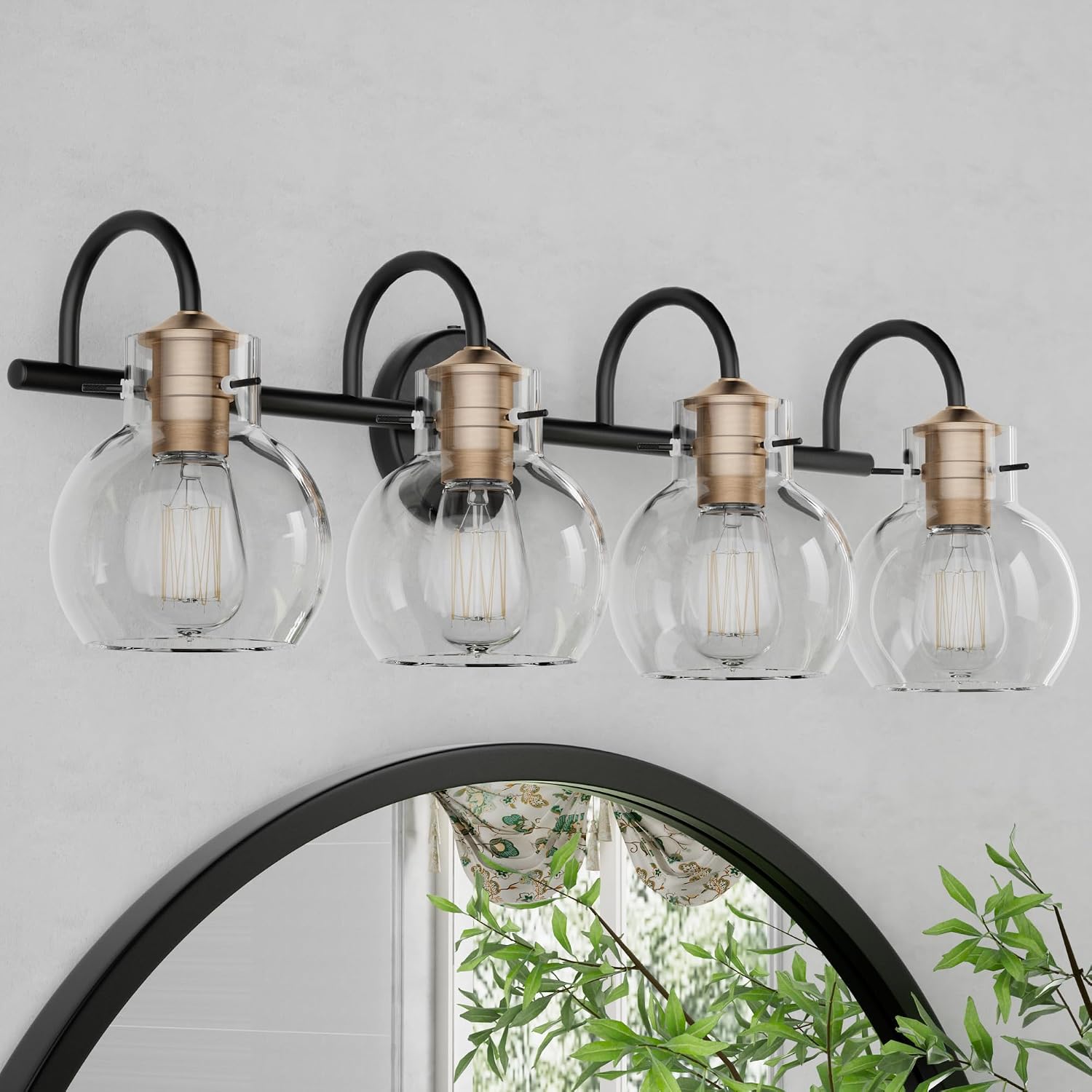 4 Light Bathroom Light, Black and Red Copper Bathroom Vanity Fixtures Over Mirror, Modern Copper Vanity Light with Clear Glass Shade, Black Wall Sconce for Bathroom, Bedroom