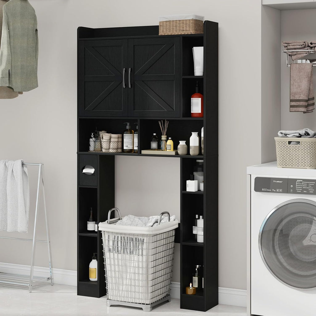 Vabches Over The Toilet Cabinet, Double Doors Bathroom Shelf Organizer with Toilet Paper Holder Stand and Open Storage Shelf, Small Freestanding Space Saver for Restroom, Bathroom, Laundry, Black