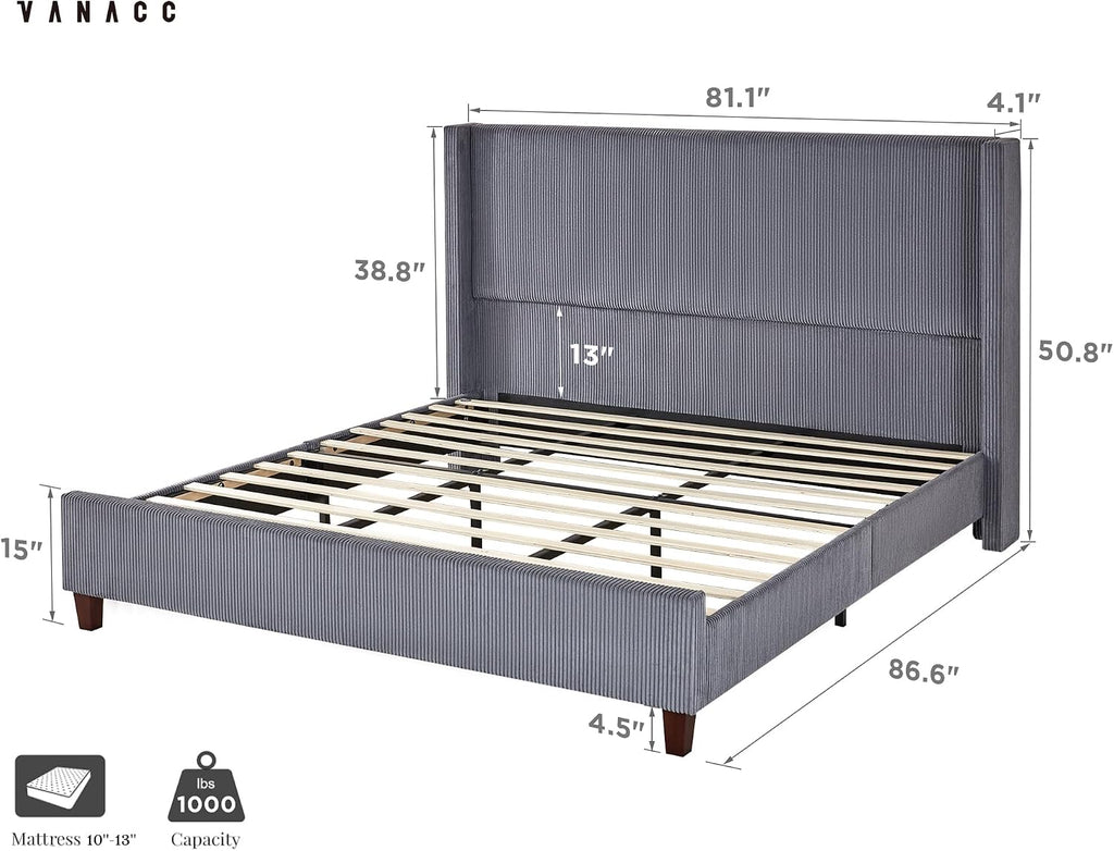 VanAcc King Size Platform Bed Frame, 50.8' Corduroy Upholstered Bed with Vertical Channel Tufted Headboard/Wooden Slats/Wingback/No Box Spring Required/Grey