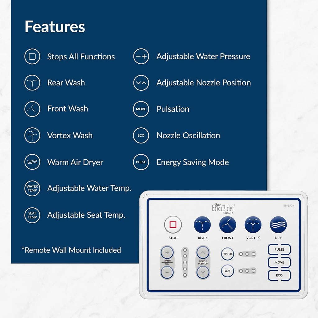 Bio Bidet Bliss BB1000 Electric Bidet Toilet Seat, Warm Water with Air Dryer, Heated Seat with Slow Close Lid, Remote Control, Elongated White