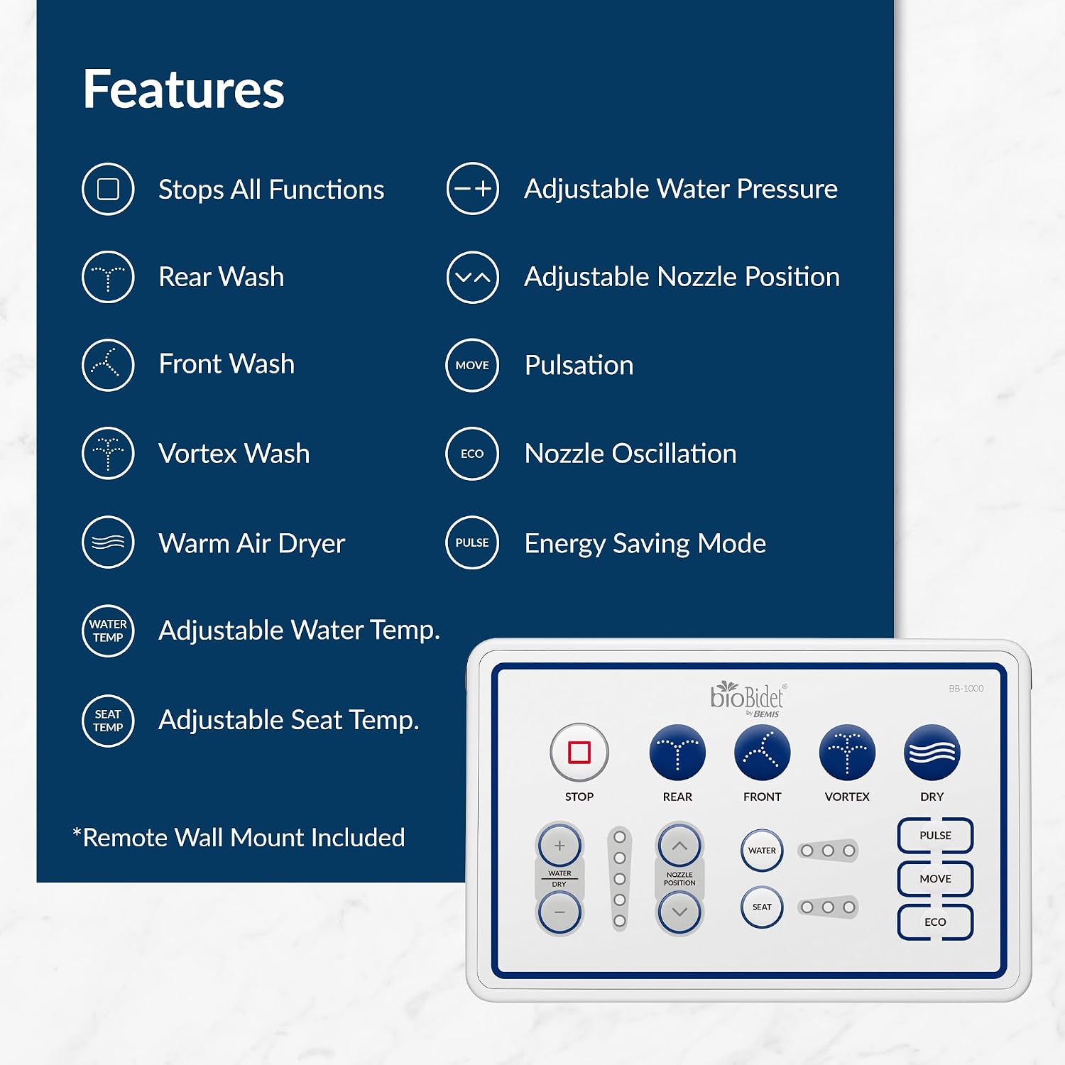 Bio Bidet Bliss BB1000 Electric Bidet Toilet Seat, Warm Water with Air Dryer, Heated Seat with Slow Close Lid, Remote Control, Elongated White