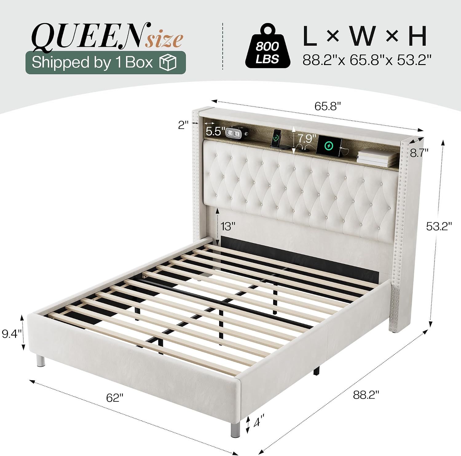 Jocisland 53.2'' Queen Size Bed Frame with Tall Storage Headboard, LED Lights & Charging Station, Velvet High Upholstered Button Tufted Wingback Platform Bed, No Box Spring Needed, Cream
