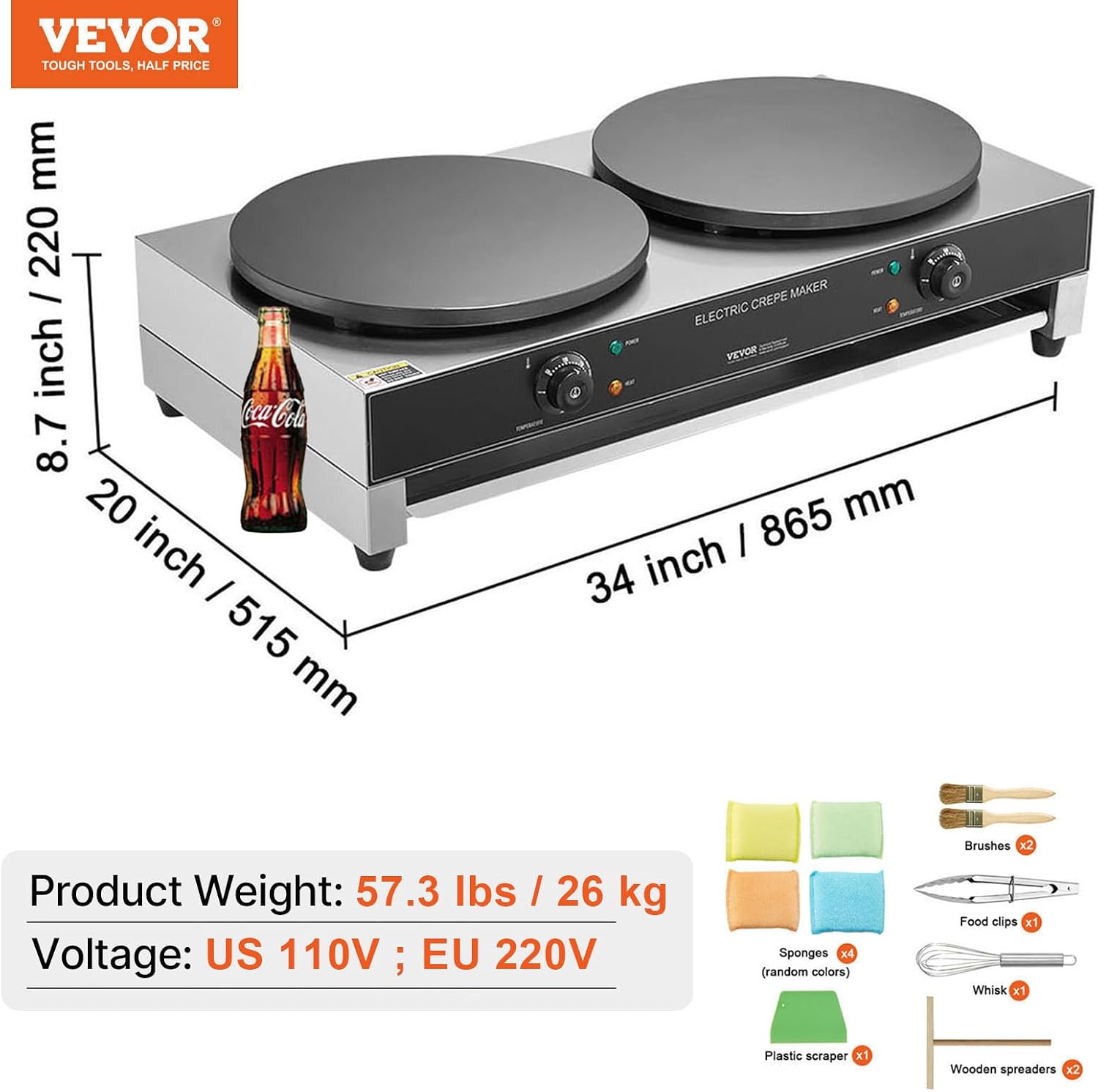 VEVOR Electric Crepe Maker, 16-Inch Double Head Commercial Crepe Machine, 3400W Flat Plate Crepe Griddle, Nonstick Stainless Steel Pancake Making, Desktop Circular Cereals Pancake Stove, AC120V 60Hz