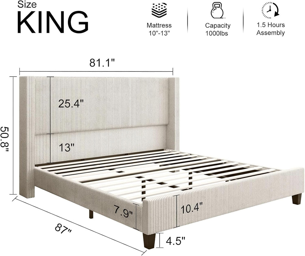 HOWE King Size Bed Frame with 50.8' Tall Wingback Headboard, Modern Corduroy Upholstered Platform Bed Frame with Solid Wood Slats & Legs, No Box Spring Needed, Noise-Reducing Design, Cream