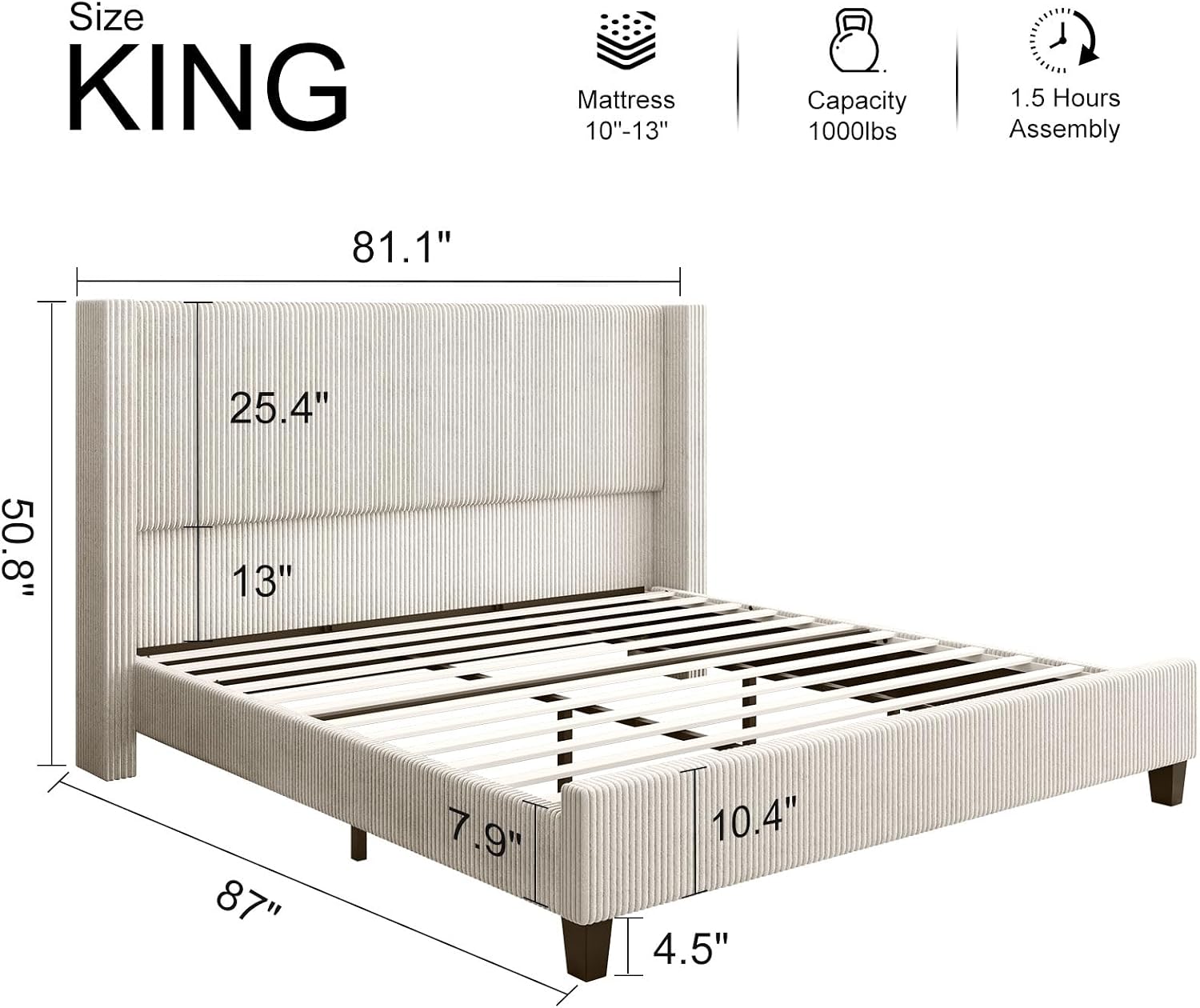 HOWE King Size Bed Frame with 50.8' Tall Wingback Headboard, Modern Corduroy Upholstered Platform Bed Frame with Solid Wood Slats & Legs, No Box Spring Needed, Noise-Reducing Design, Cream
