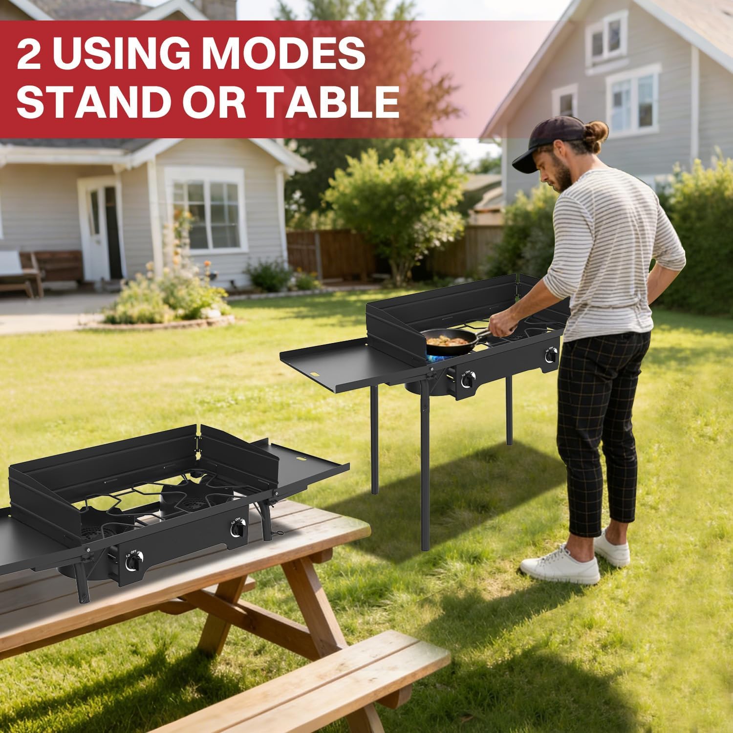 2 Burner Propane Camp Stove | 150,000 BTU Gas Burners | Side Shelves | Windscreen | Waterproof Cover | Detachable Legs | Ideal for Camping Backyard Outdoor Cooking