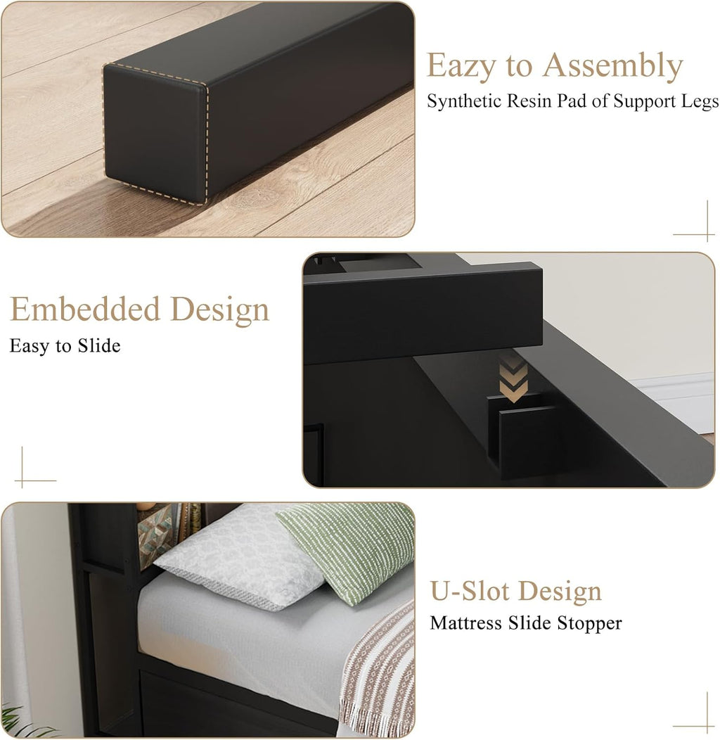 Corner Bed Frame with High Footboard Design, Twin Size Bed Frame with 2 Storage Drawers and 8 Bookcases, Twin Size Daybed with Charging Station for Kids Teens