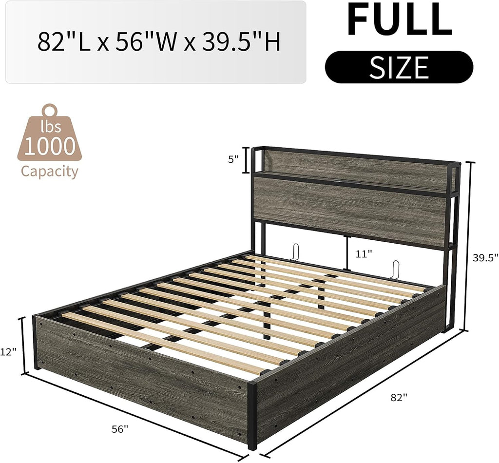 LUXOAK Full Size Lift Up Storage Bed, Wood Platform Bed Frame with Storage Headboard & Charging Station, No Box Spring Needed, Easy Assembly, Rustic Grey