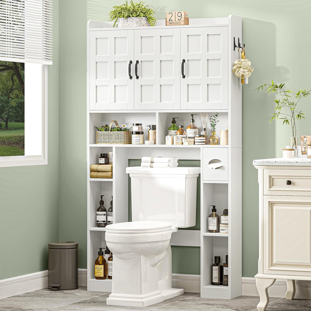 Vabches Over The Toilet Storage Cabinet,Farmhouse Bathroom Organizer with 3 Barn Doors & Adjustable Storage Shelf,Space-Saving Toilet Rack with Toilet Paper Holder Stand for Restroom, Laundry, White