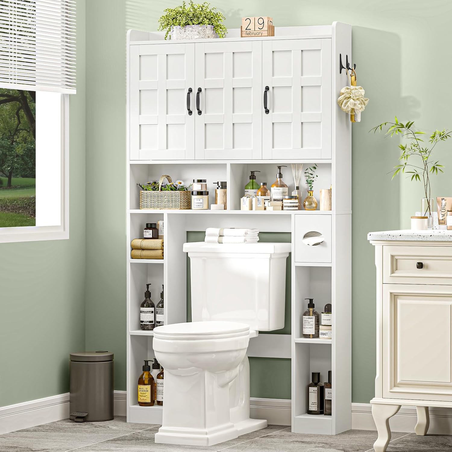 Vabches Over The Toilet Storage Cabinet,Farmhouse Bathroom Organizer with 3 Barn Doors & Adjustable Storage Shelf,Space-Saving Toilet Rack with Toilet Paper Holder Stand for Restroom, Laundry, White