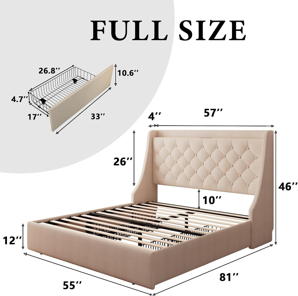 iPormis Full Size Bed Frame with 4 Storage Drawers, Upholstered Platform Bed Frame with Type-C & USB Ports, Wingback Storage Headboard, Solid Wood Slats, No Box Spring Needed, Beige