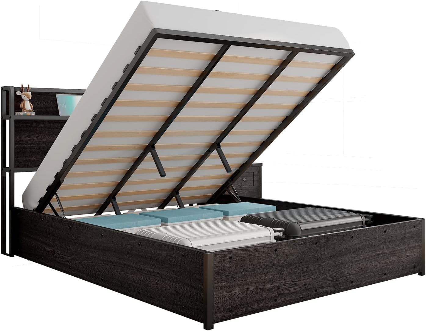LUXOAK Queen Size Lift Up Storage Bed, Wood Platform Bed Frame with Storage Headboard & Charging Station, No Box Spring Needed, Easy Assembly, Black