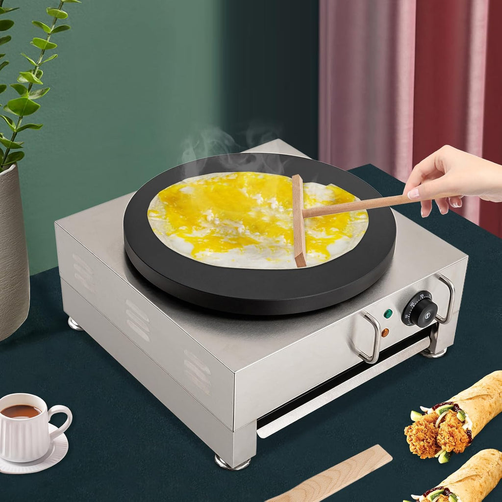 Commercial Electric Crepe Maker Machine, 16 Inch Non-Stick Large Griddle Machine with Adjustable 50-300℃, 1650W 110V Stainless Steel Surface Pancake Maker with Wooden Spreader for Kitchen