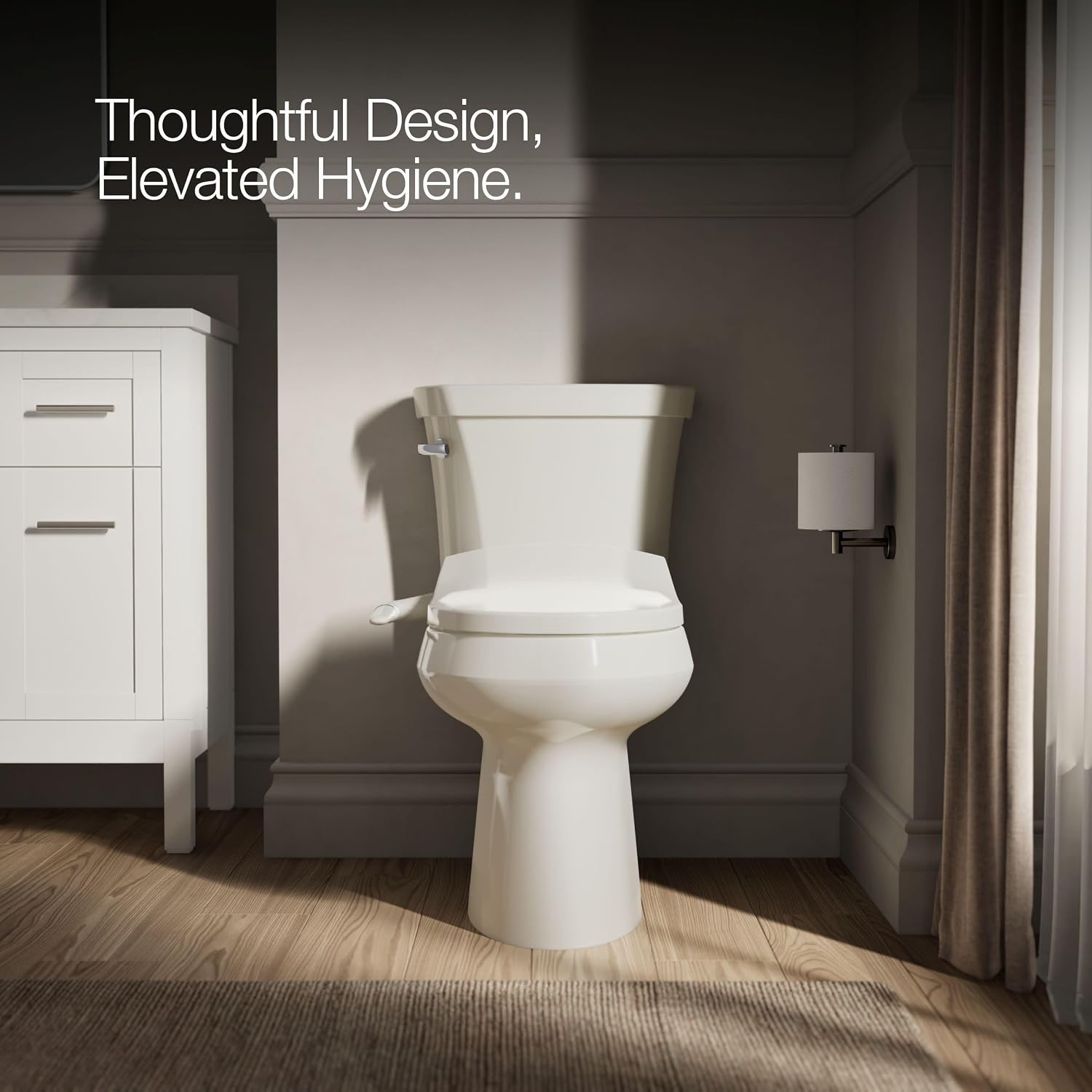 Kohler PureWash M250 Manual Bidet Toilet Seat, Round & Low Profile, Non- Electric, Adjustable Water Pressure, Self Cleaning, Quiet-Close, Easy Installation, Biscuit