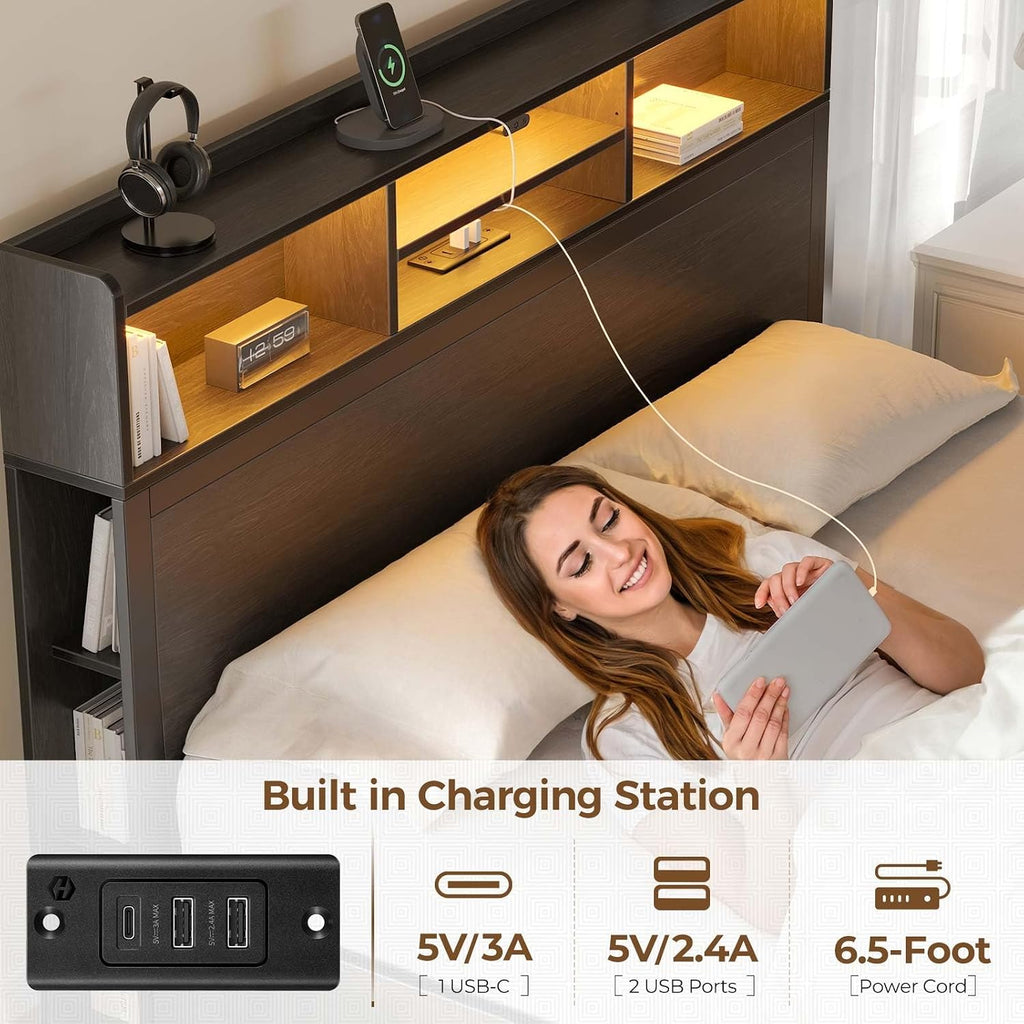 Rolanstar Twin Bed Frame with Storage Headboard & 4 Drawers, Metal Platform Bed with Charging Station, LED Single Bed with Side Shelf, No Box Spring Needed, Easy Assembly, Black