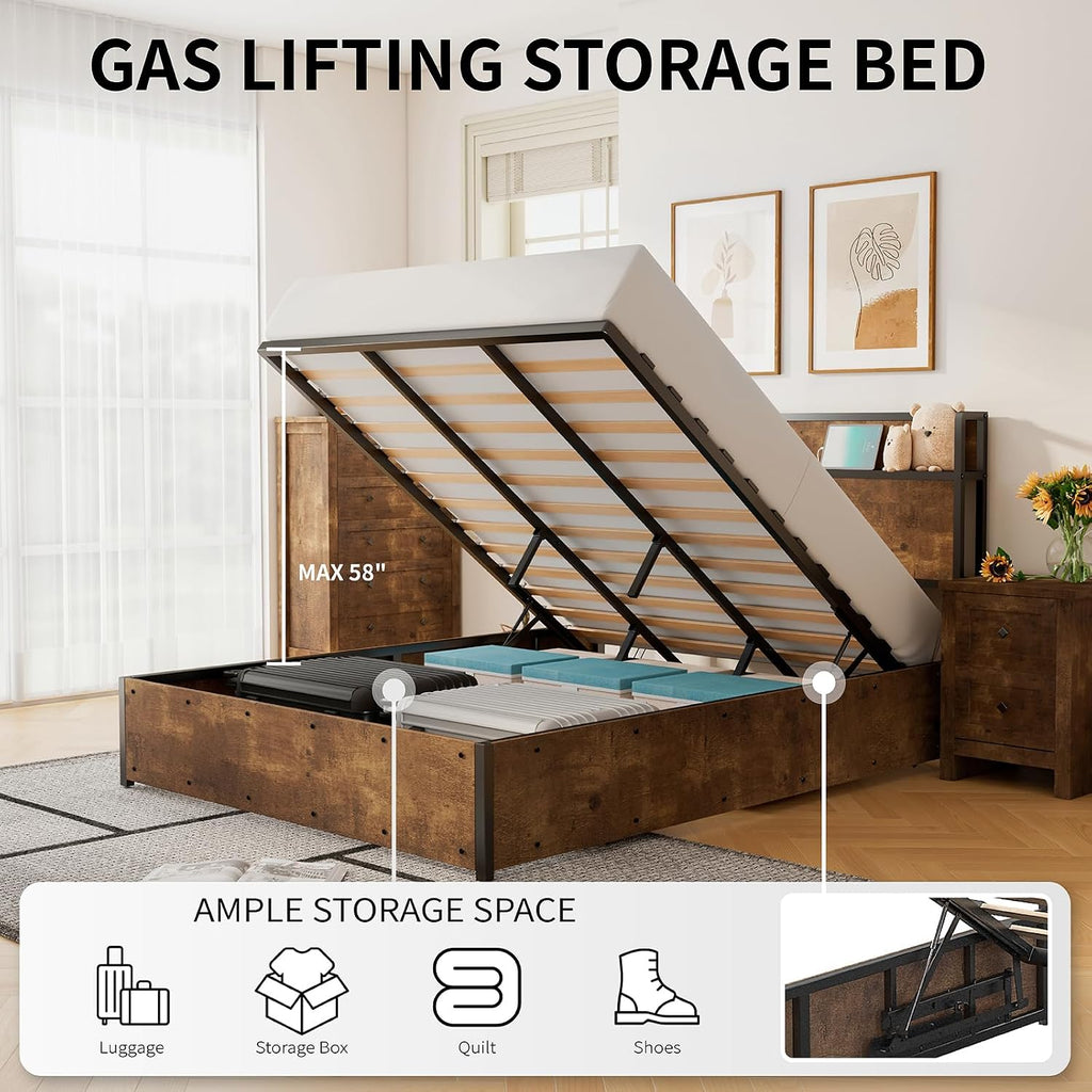 LUXOAK Full Size Lift Up Storage Bed, Wood Platform Bed Frame with Storage Headboard & Charging Station, No Box Spring Needed, Easy Assembly, Rustic Brown