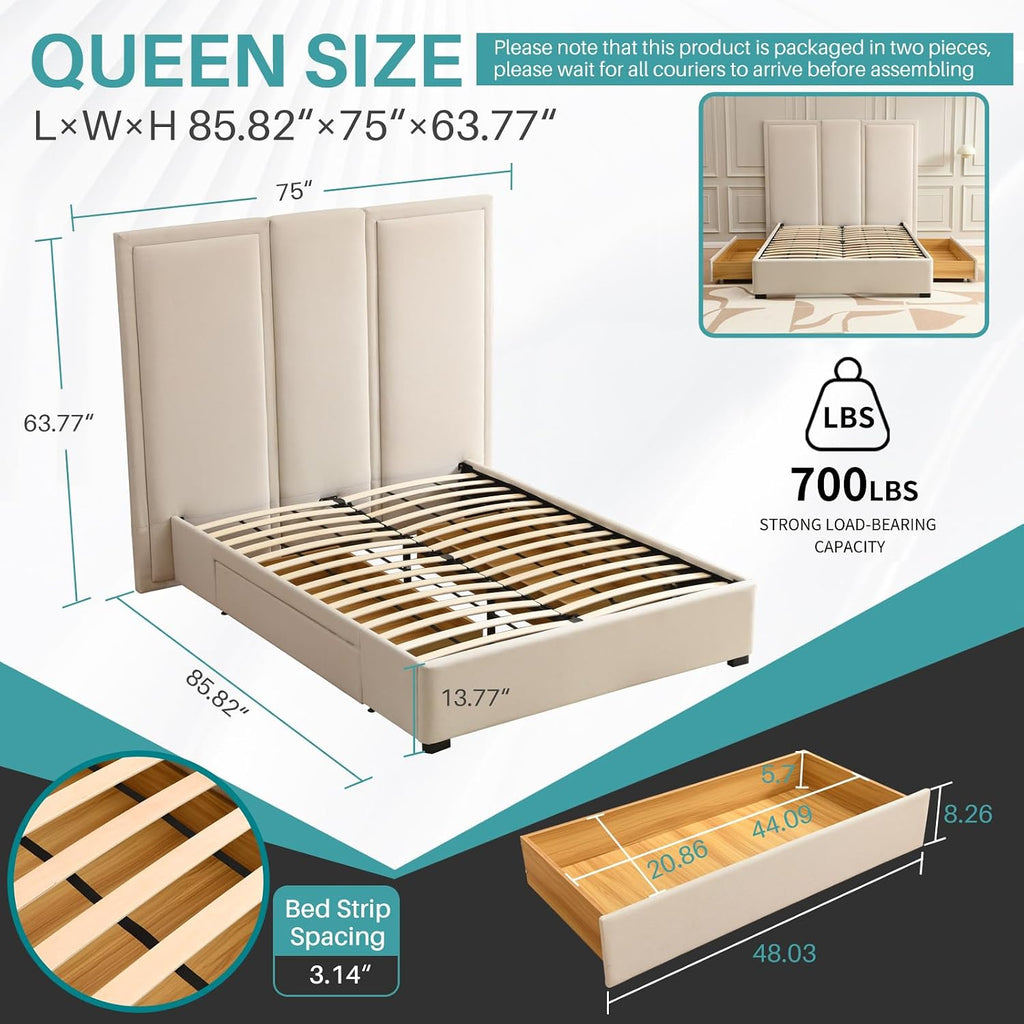 YUHUASHI Queen Size Bed Frame with 64-inch High Headboard, Simple and Airy Linen Upholstered Platform Bed with Storage Drawers, Wood Slat, No Noise (Beige, Queen)