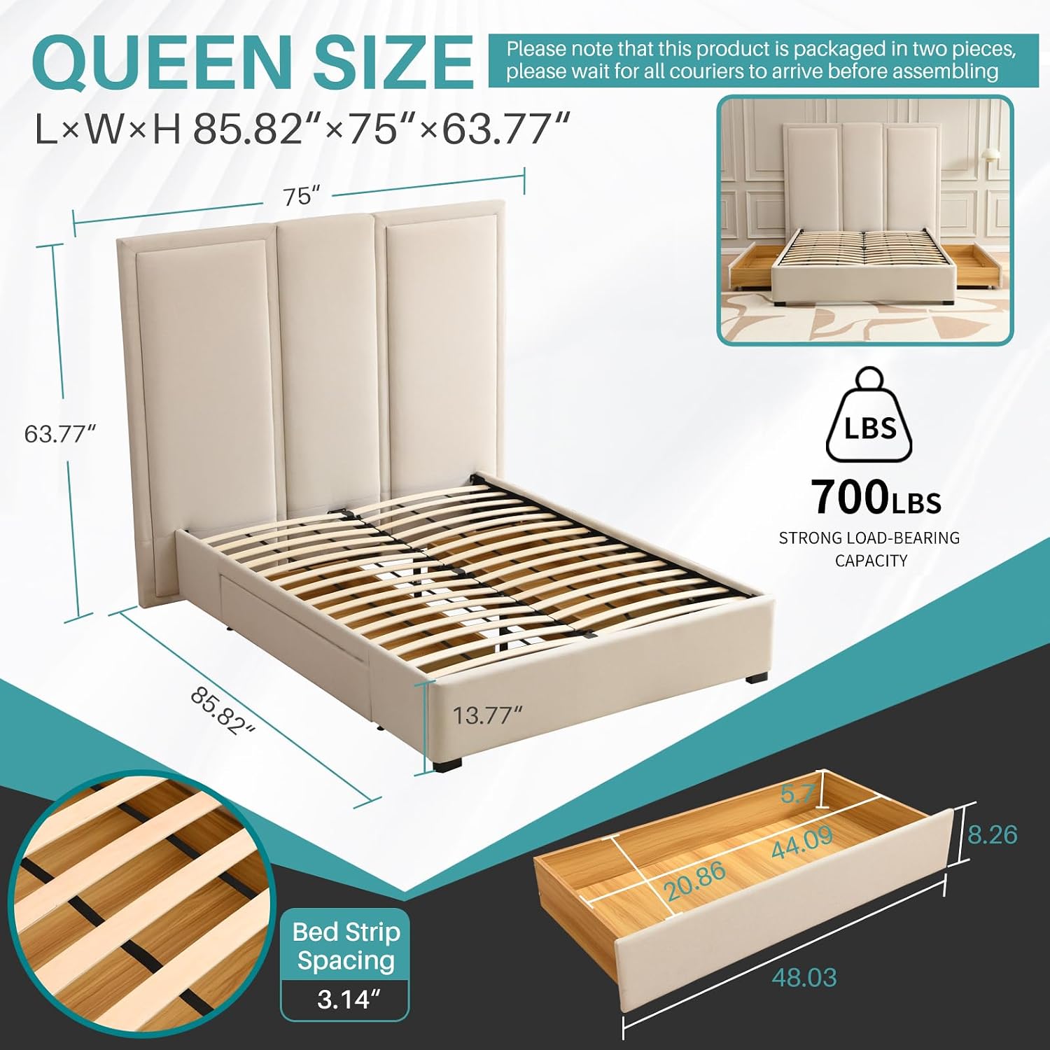 YUHUASHI Queen Size Bed Frame with 64-inch High Headboard, Simple and Airy Linen Upholstered Platform Bed with Storage Drawers, Wood Slat, No Noise (Beige, Queen)