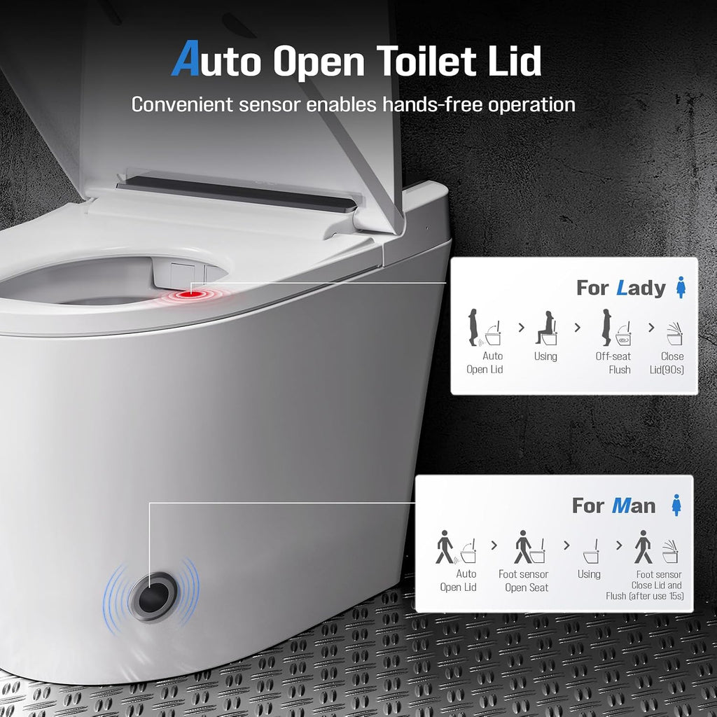 Electric Smart Toilet with Bidet Built-In & Tank, No Water Pressure Limit, Modern Design with Foam Shield, Foot Sensor & Auto Flush, Elongated One Piece, Heated Seat, Warm Air Dryer, 1000g MaP Flush